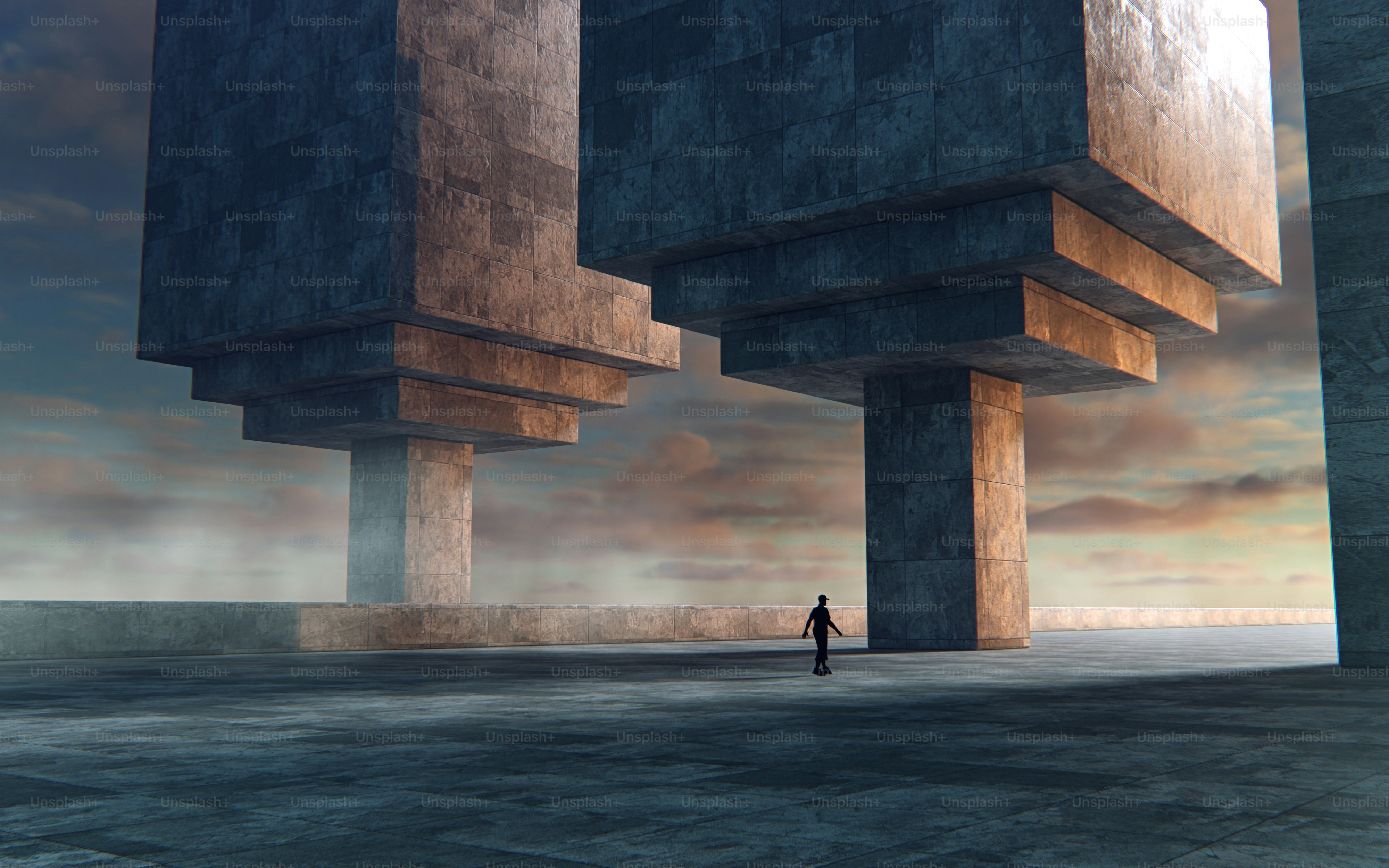 Un render en 3D de una persona caminando entre enormes estructuras de hormigón bajo un cielo nublado