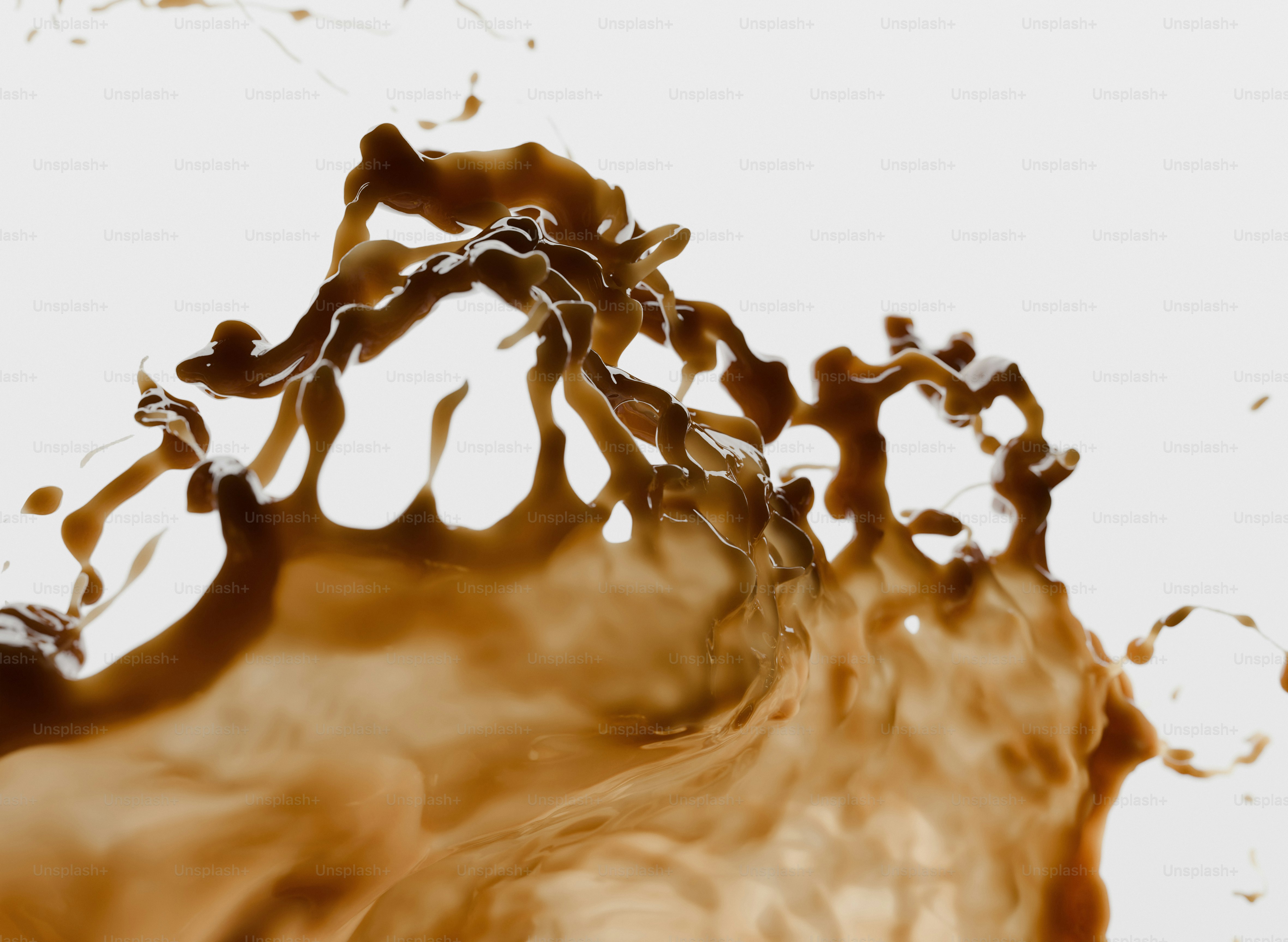 A 3D render of a dynamic splash of brown liquid against a white background