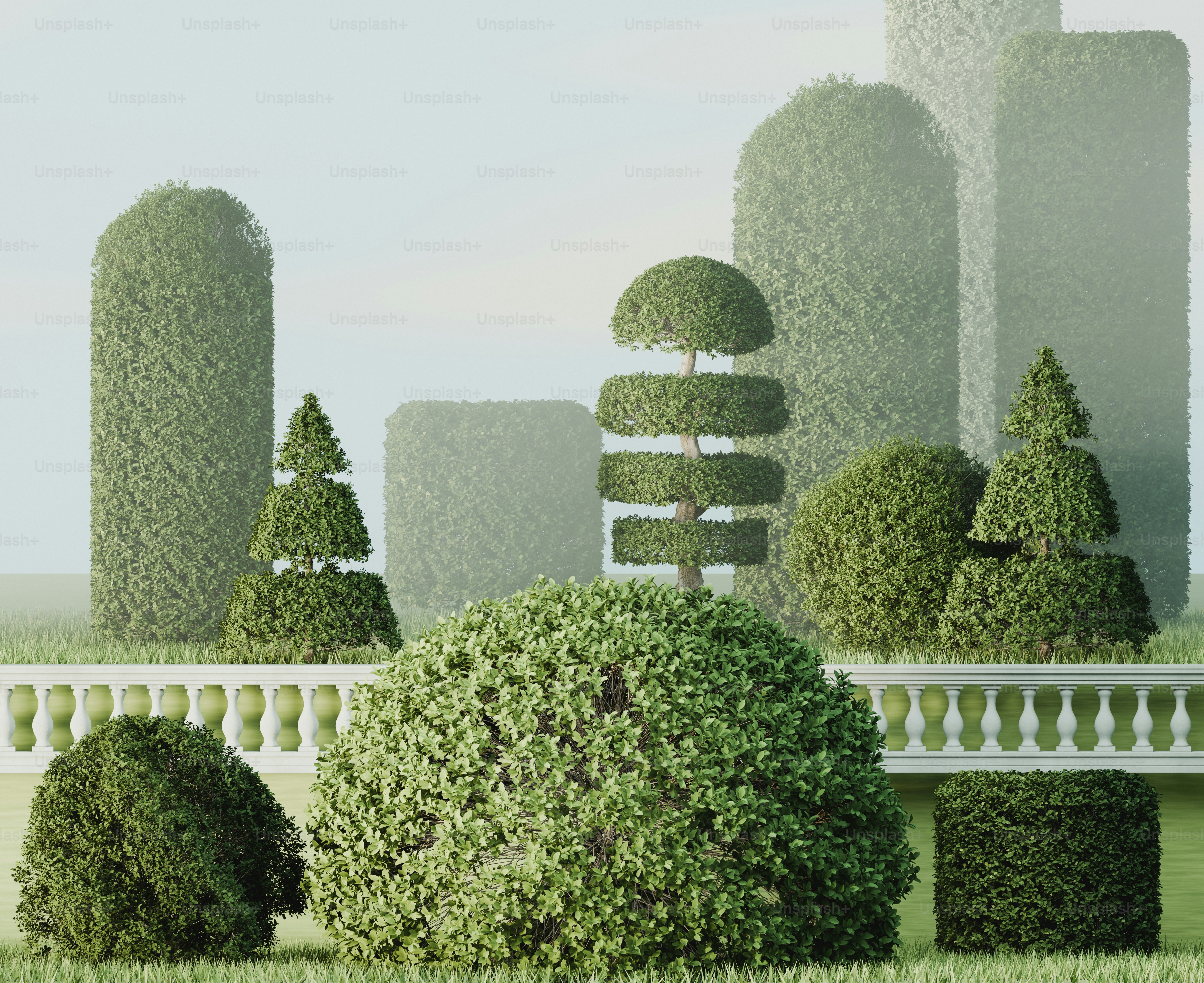 A 3D render of a formal garden with manicured topiary trees and a white balustrade