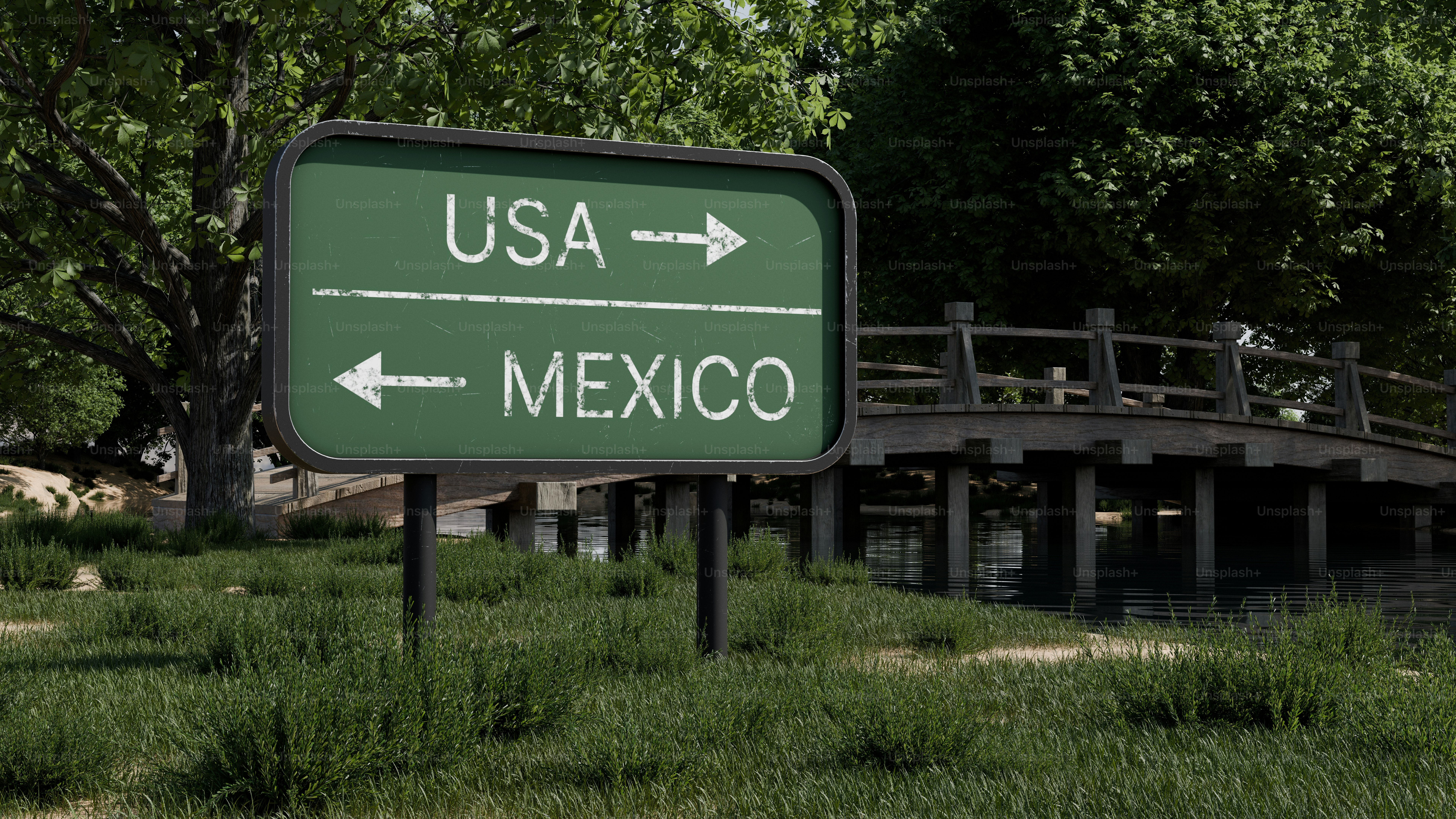 A 3D render of a green road sign pointing toward the USA and Mexico near a wooden bridge
