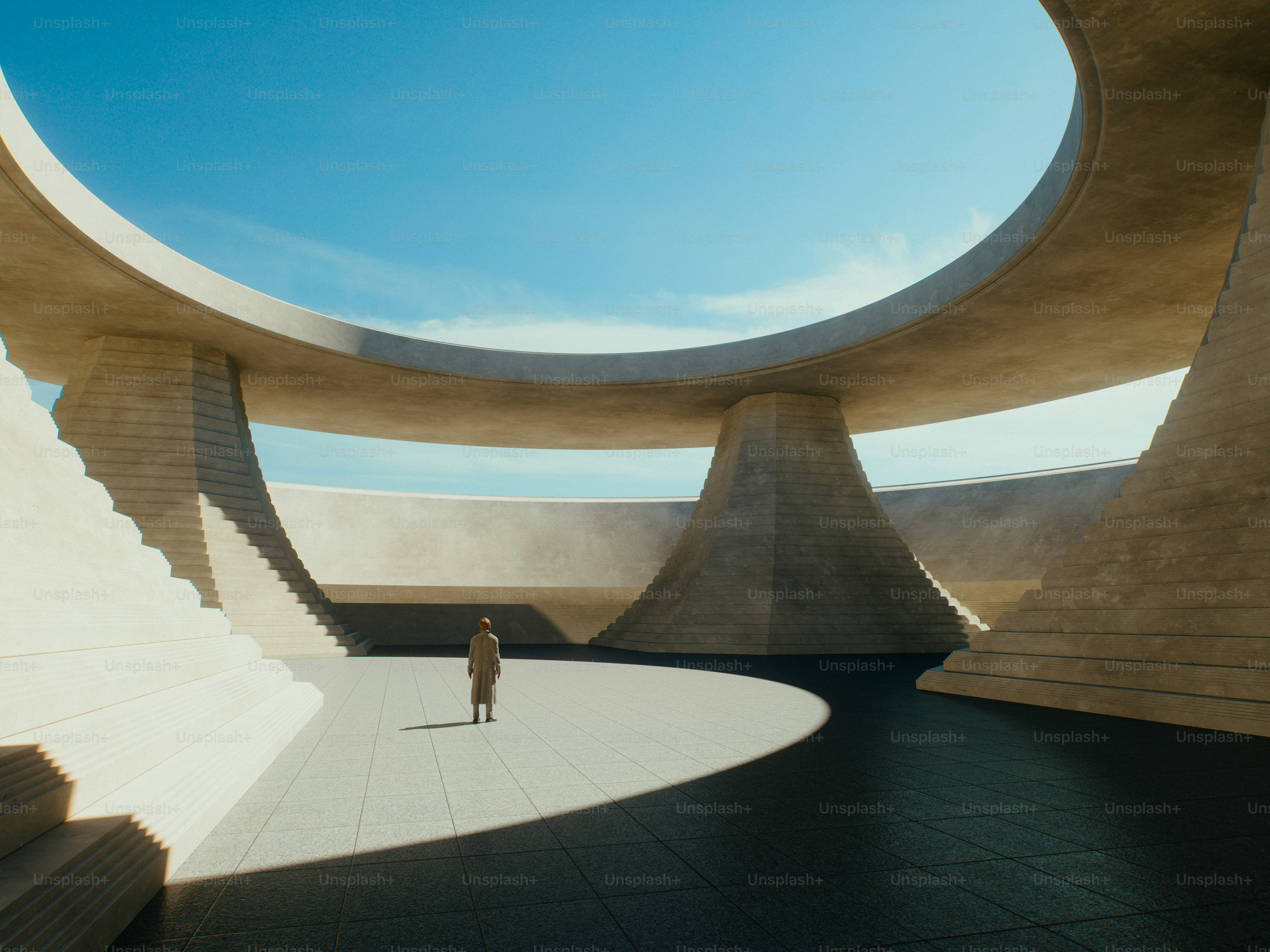 A 3D render of a person standing in a vast circular concrete structure under a blue sky