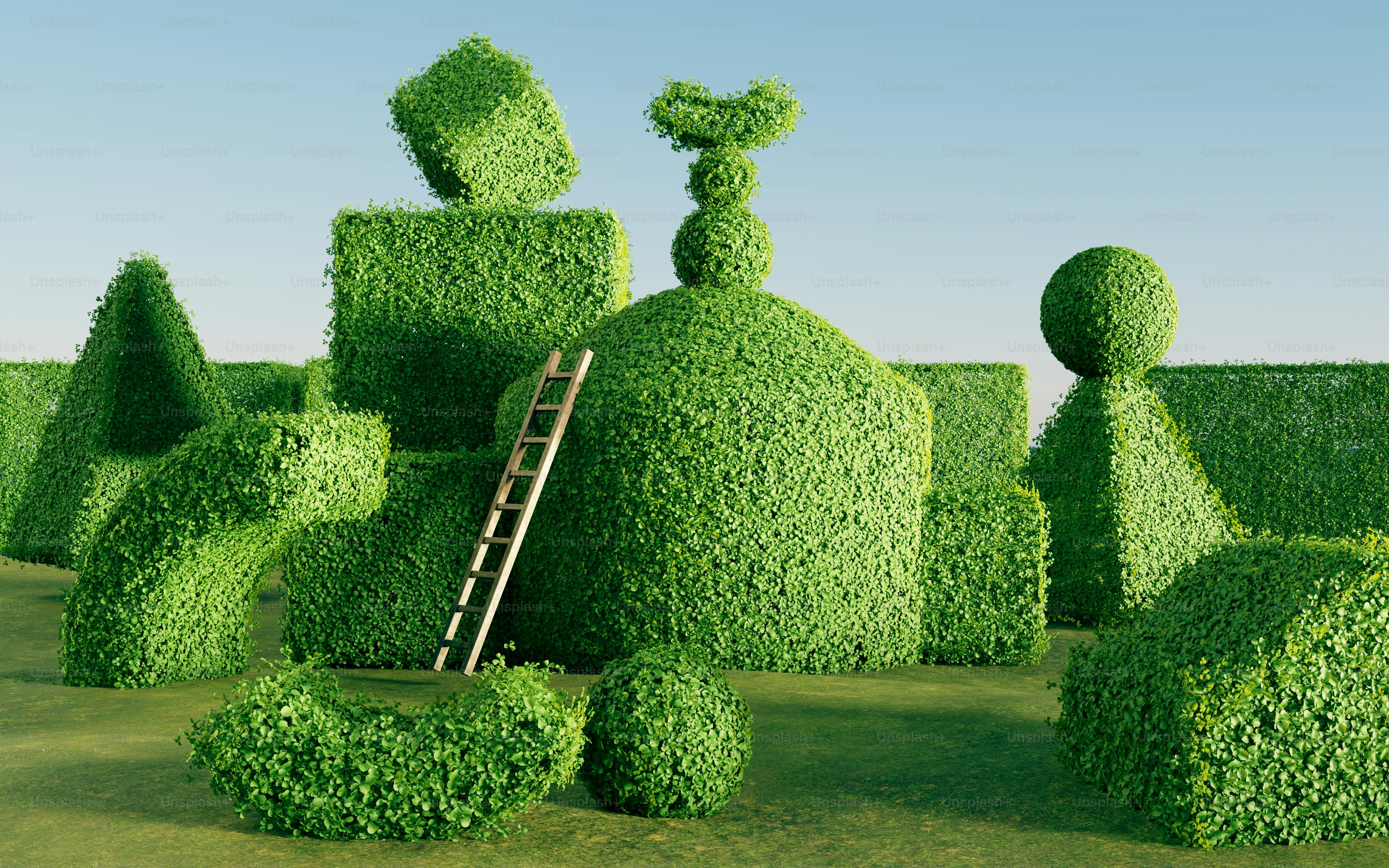 Una rappresentazione 3D di forme topiarie geometriche in un giardino con una scala di legno