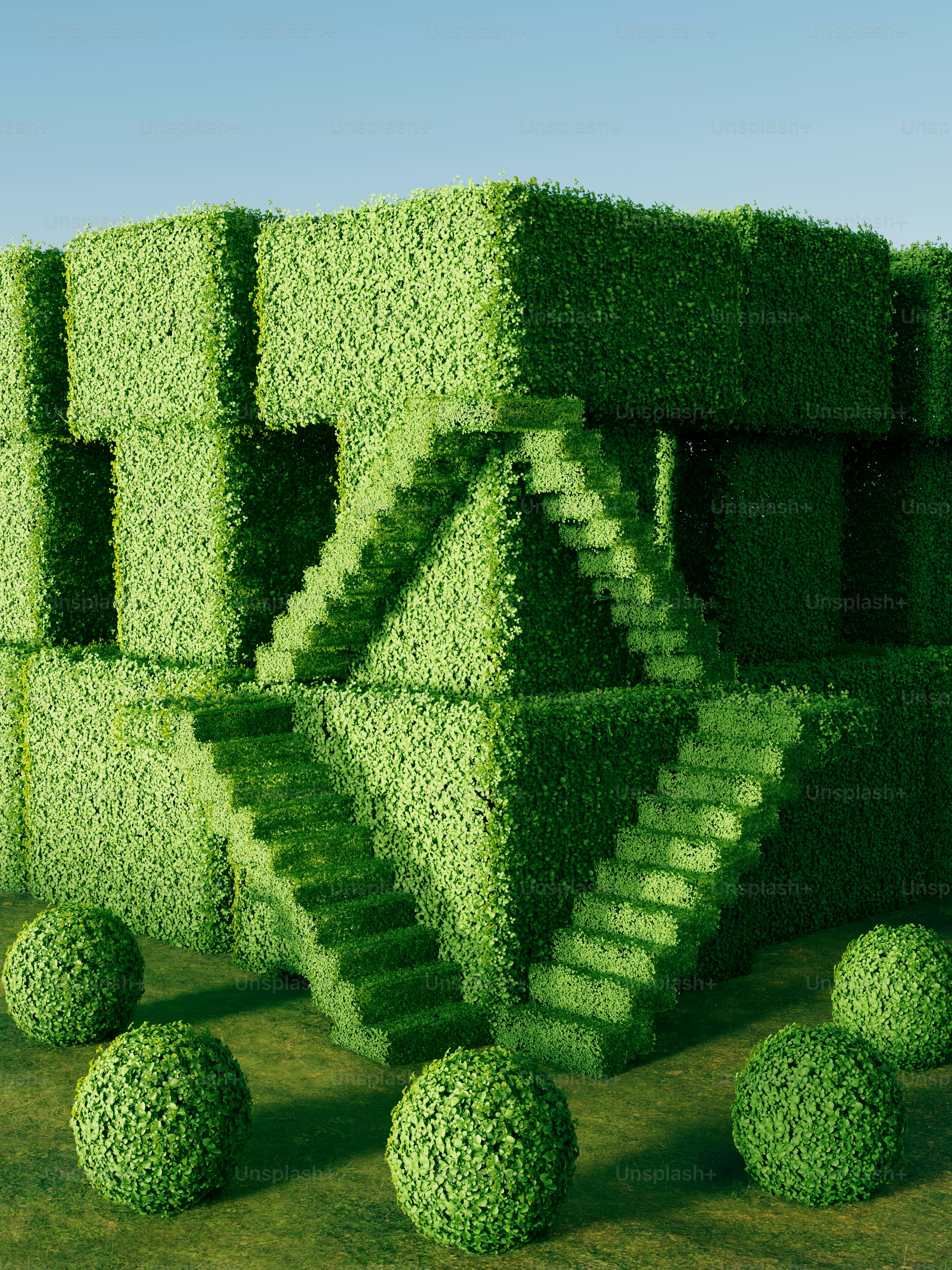 Un rendering 3D di una siepi geometrica con scale e cespugli sferici su un prato