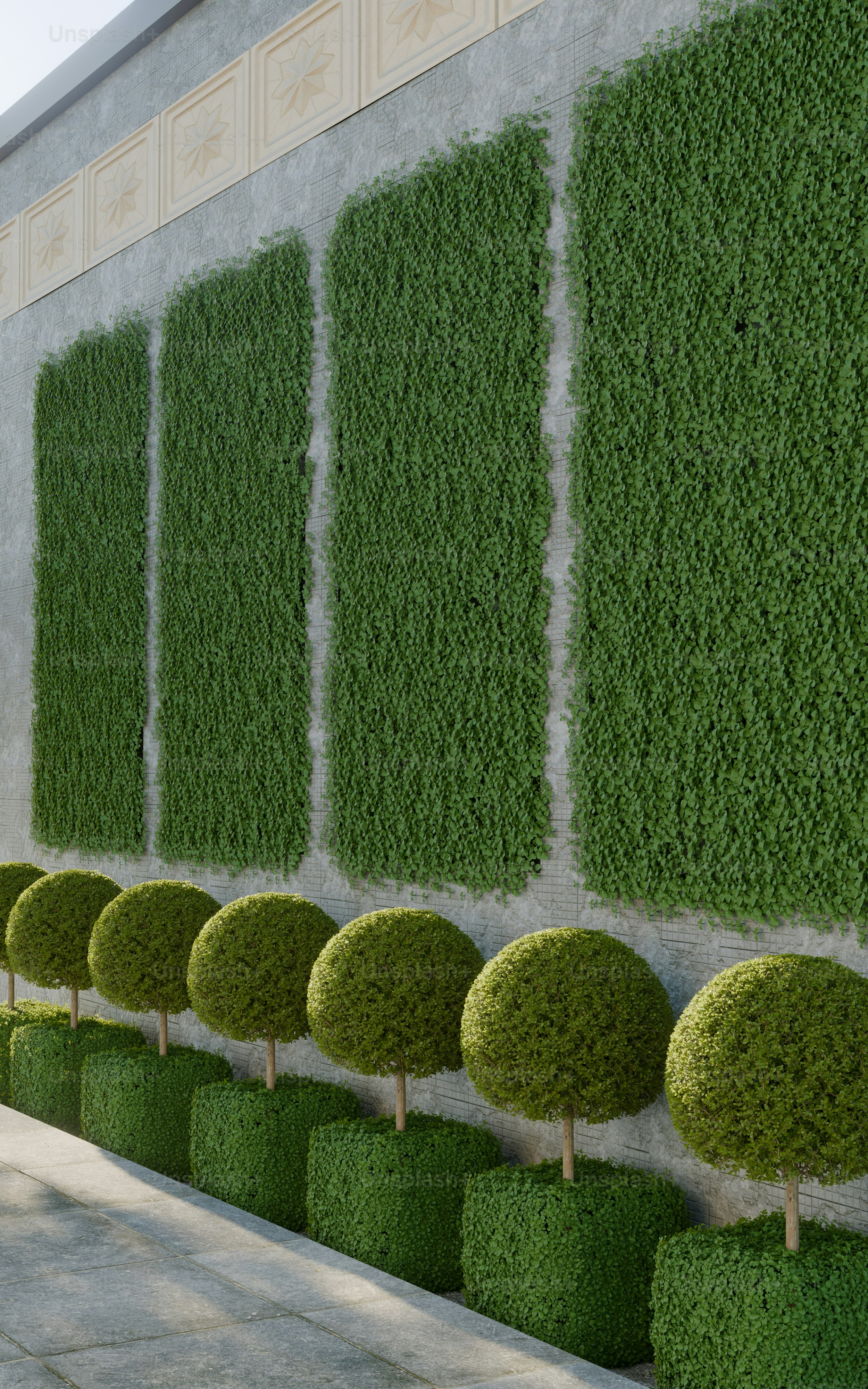 Una rappresentazione 3D di un muro di cemento con pannelli verticali di edera verde e cespugli topiari sferici