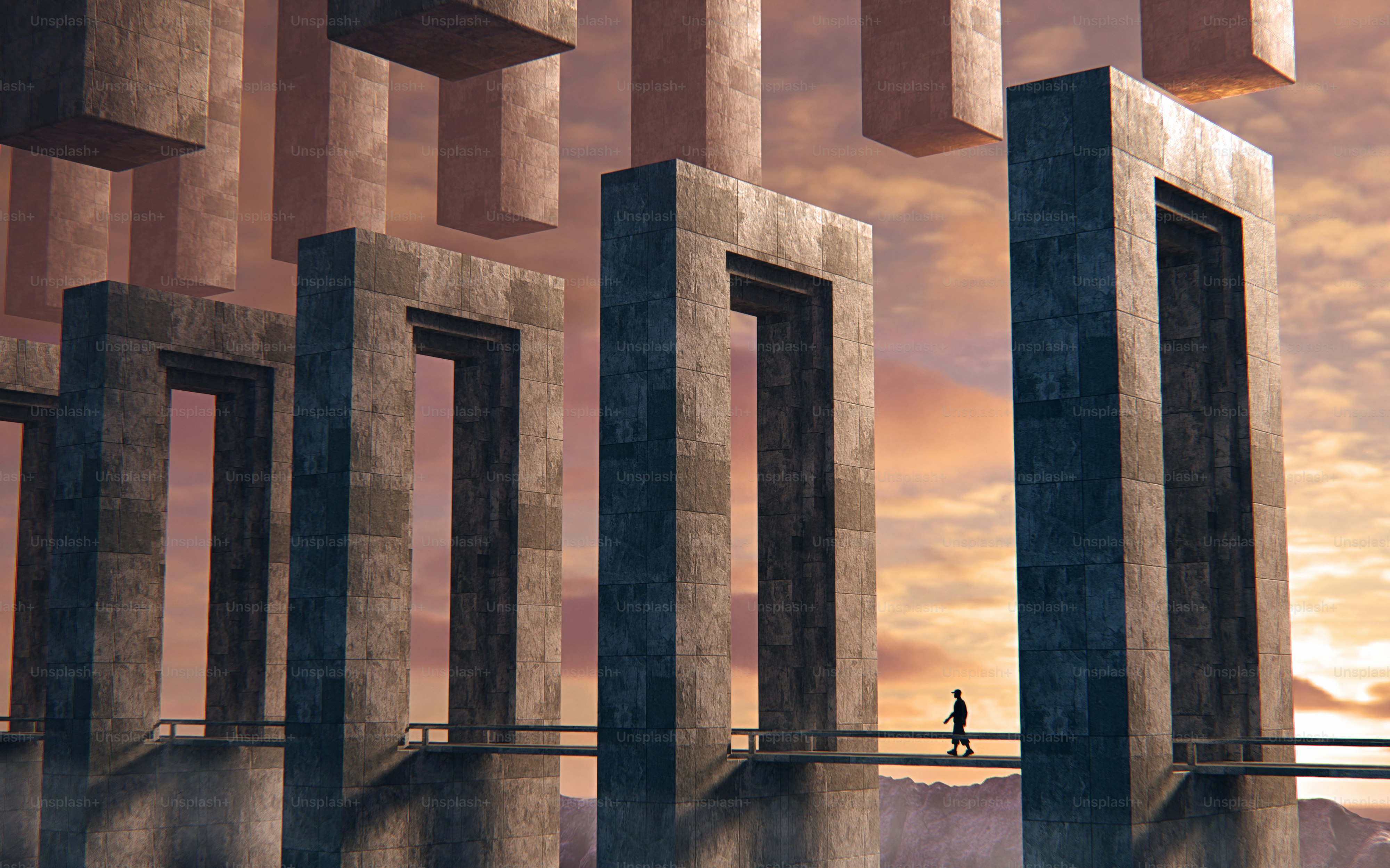Un render 3D de una persona caminando por un puente estrecho entre altos arcos de piedra al atardecer