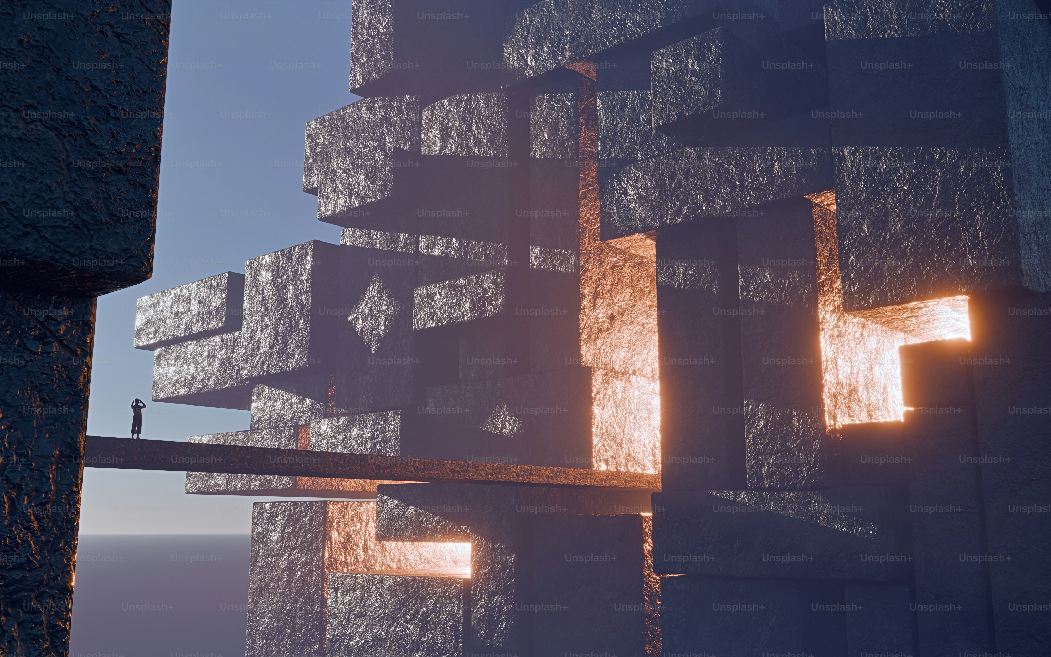 Un render 3D de una persona de pie sobre un puente estrecho entre enormes bloques de piedra oscura