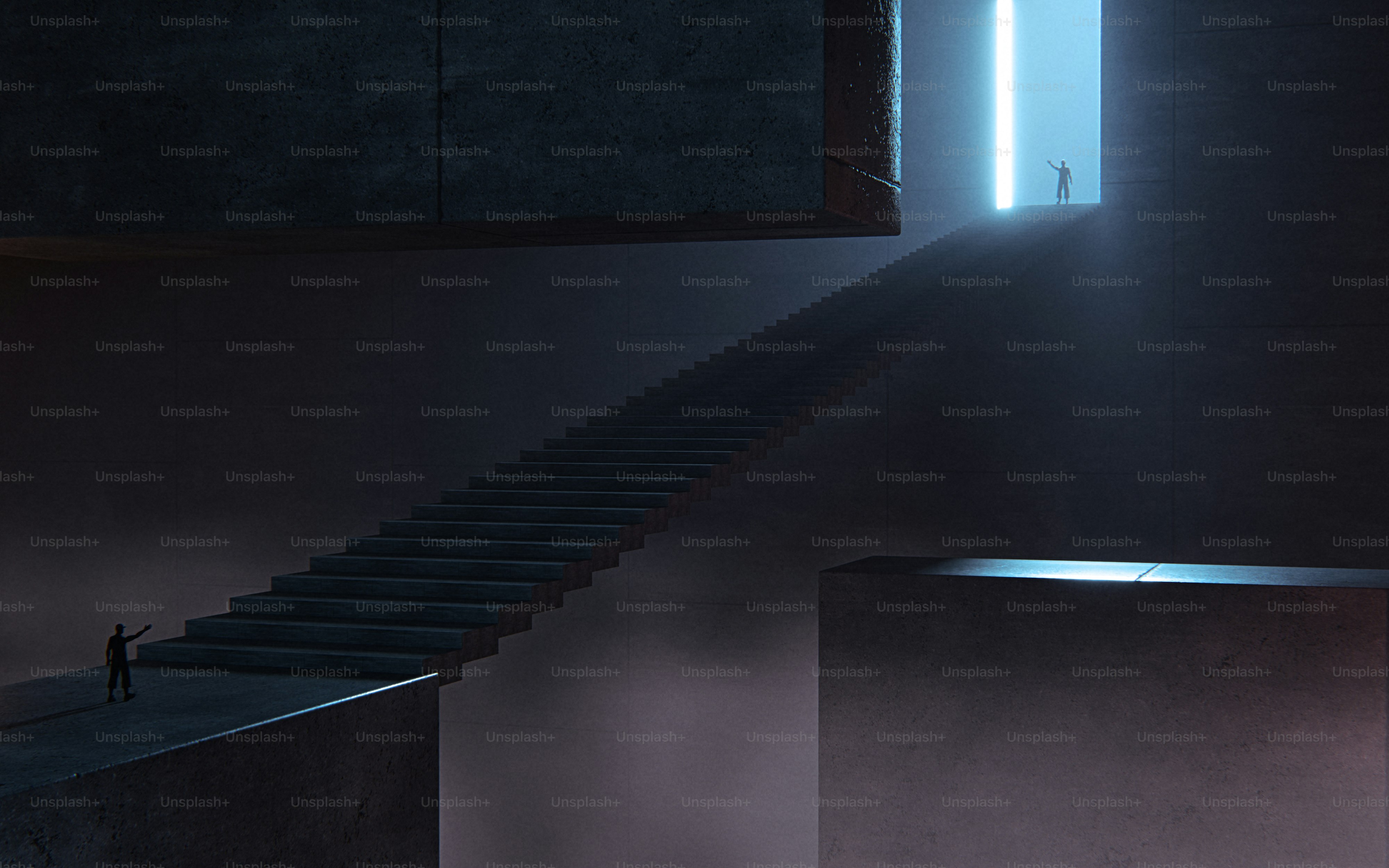 Un render 3D de dos figuras saludando a través de una enorme escalera de hormigón que conduce a una puerta luminosa