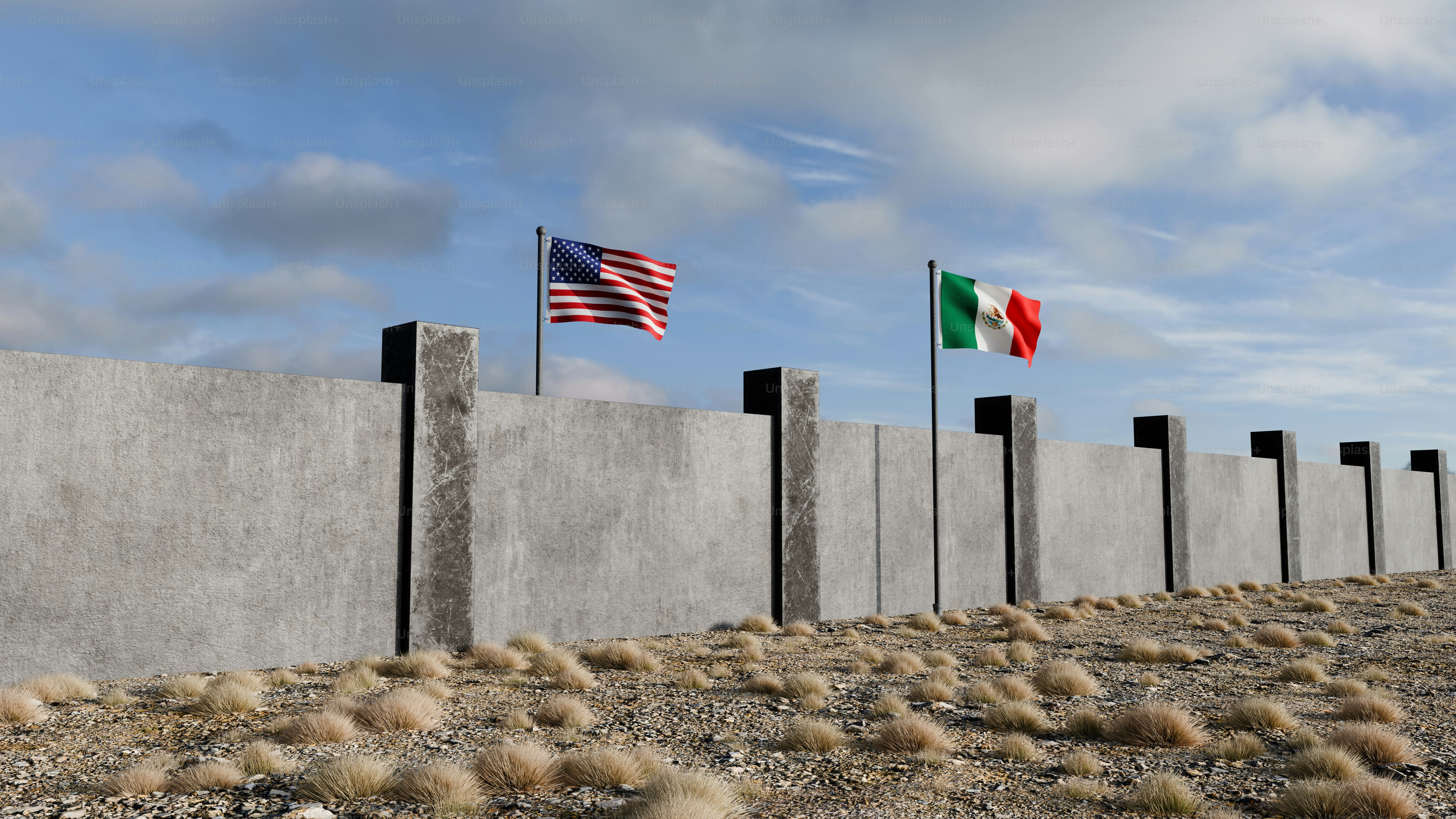 A 3D render of the United States and Mexican flags flying above a long concrete border wall