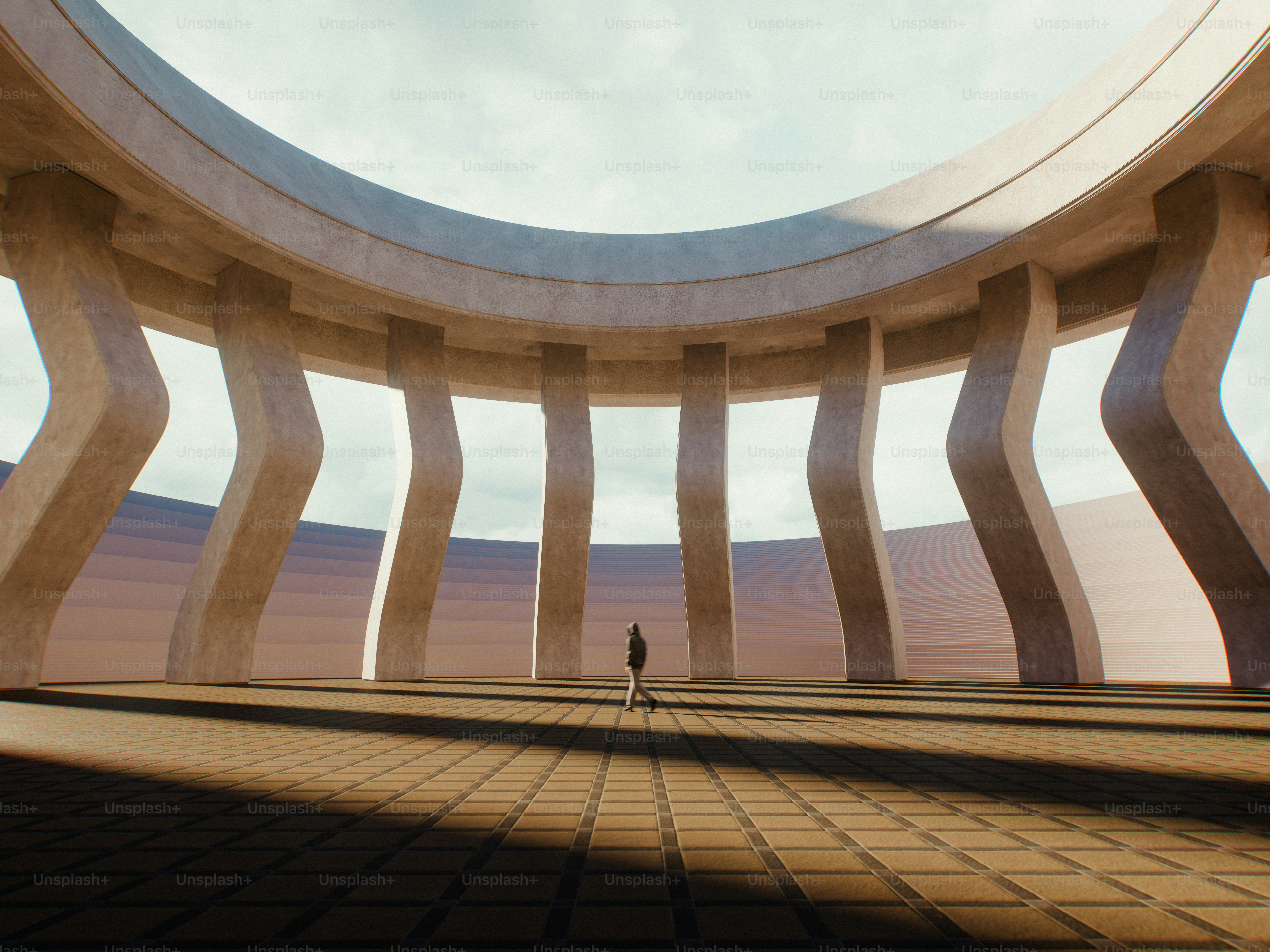 A 3D render of a person walking through a circular colonnade with tall concrete pillars
