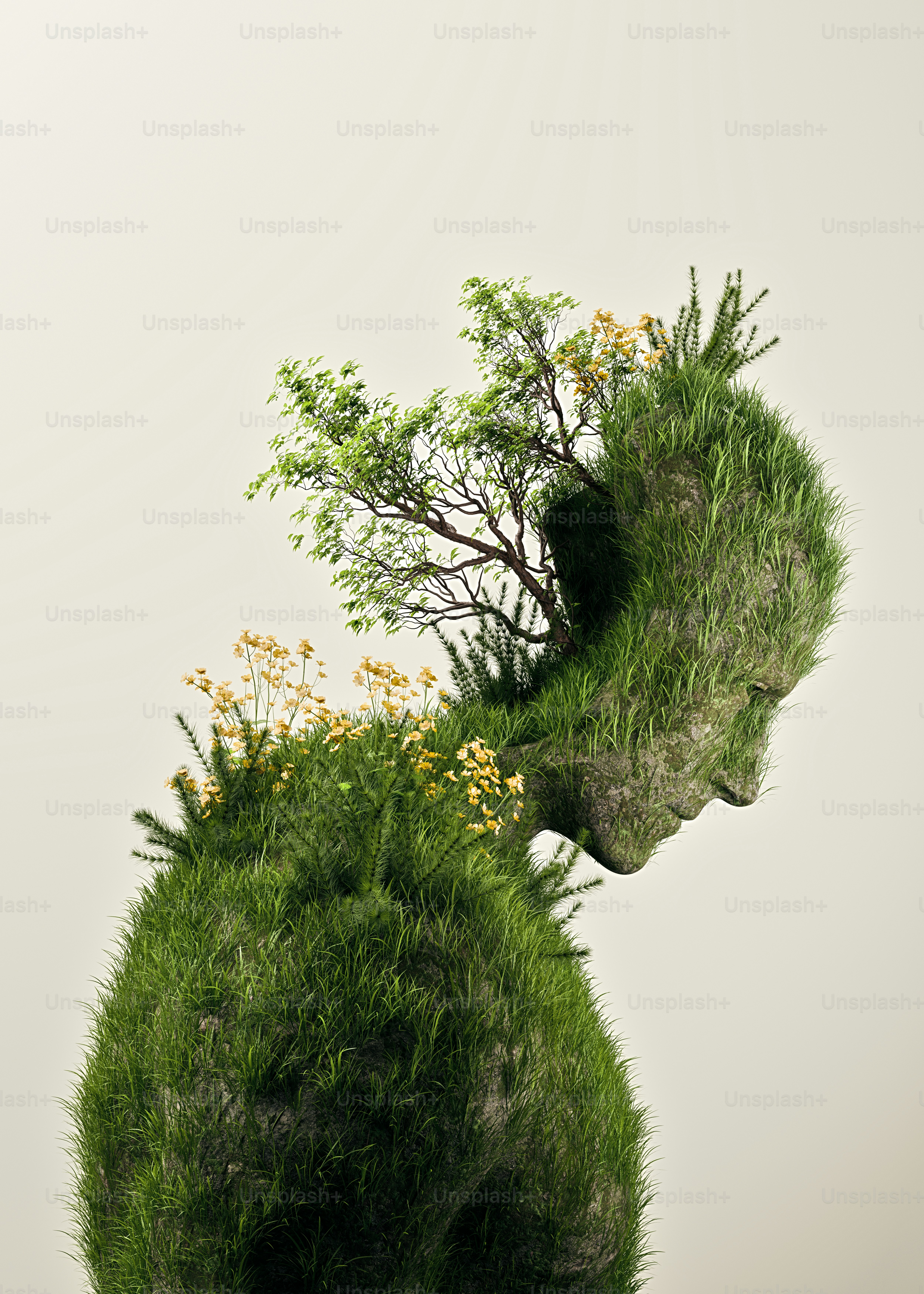 A 3D render of a human head and shoulders covered in grass, flowers, and a small tree