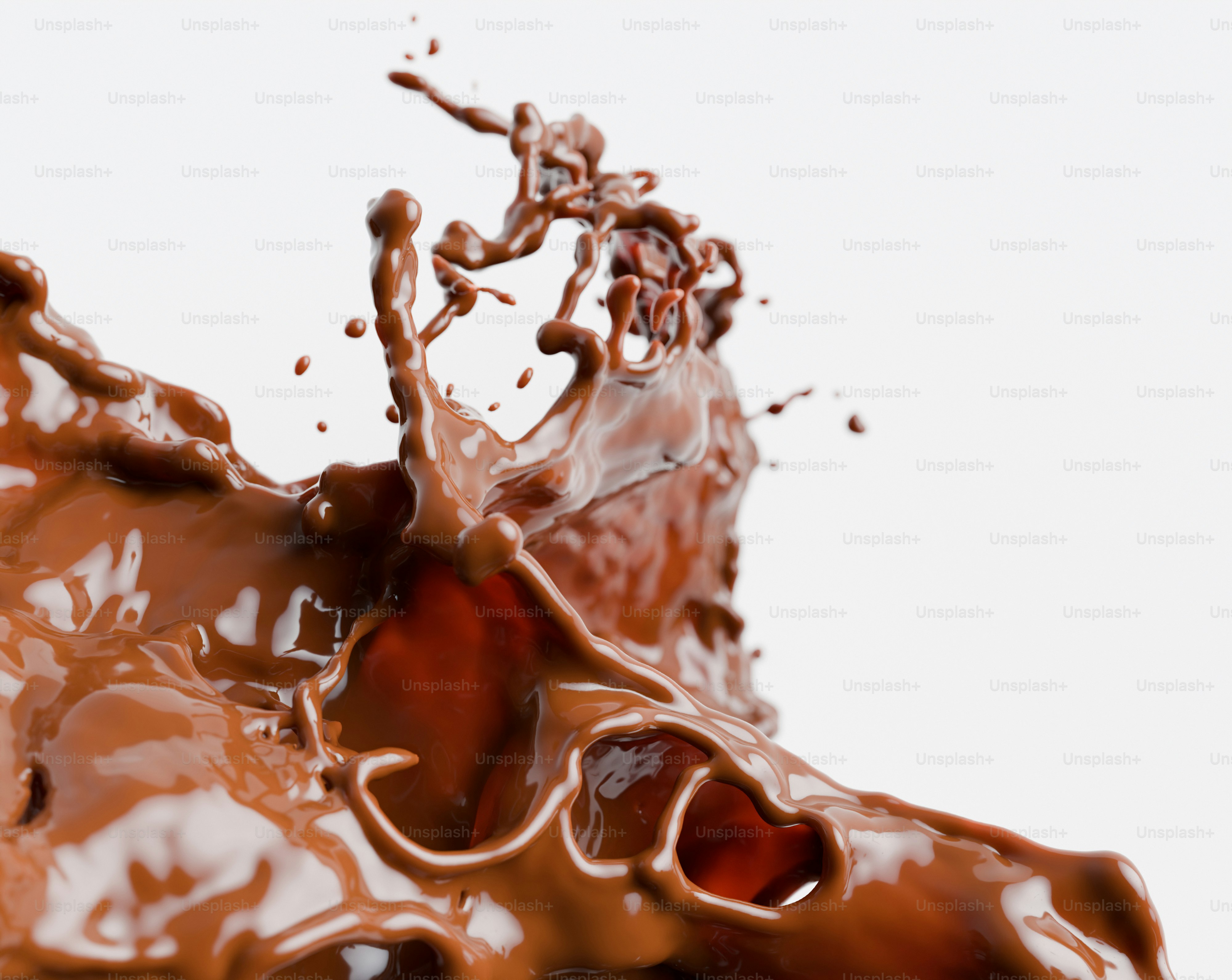 A 3D render of a dynamic splash of liquid milk chocolate against a white background