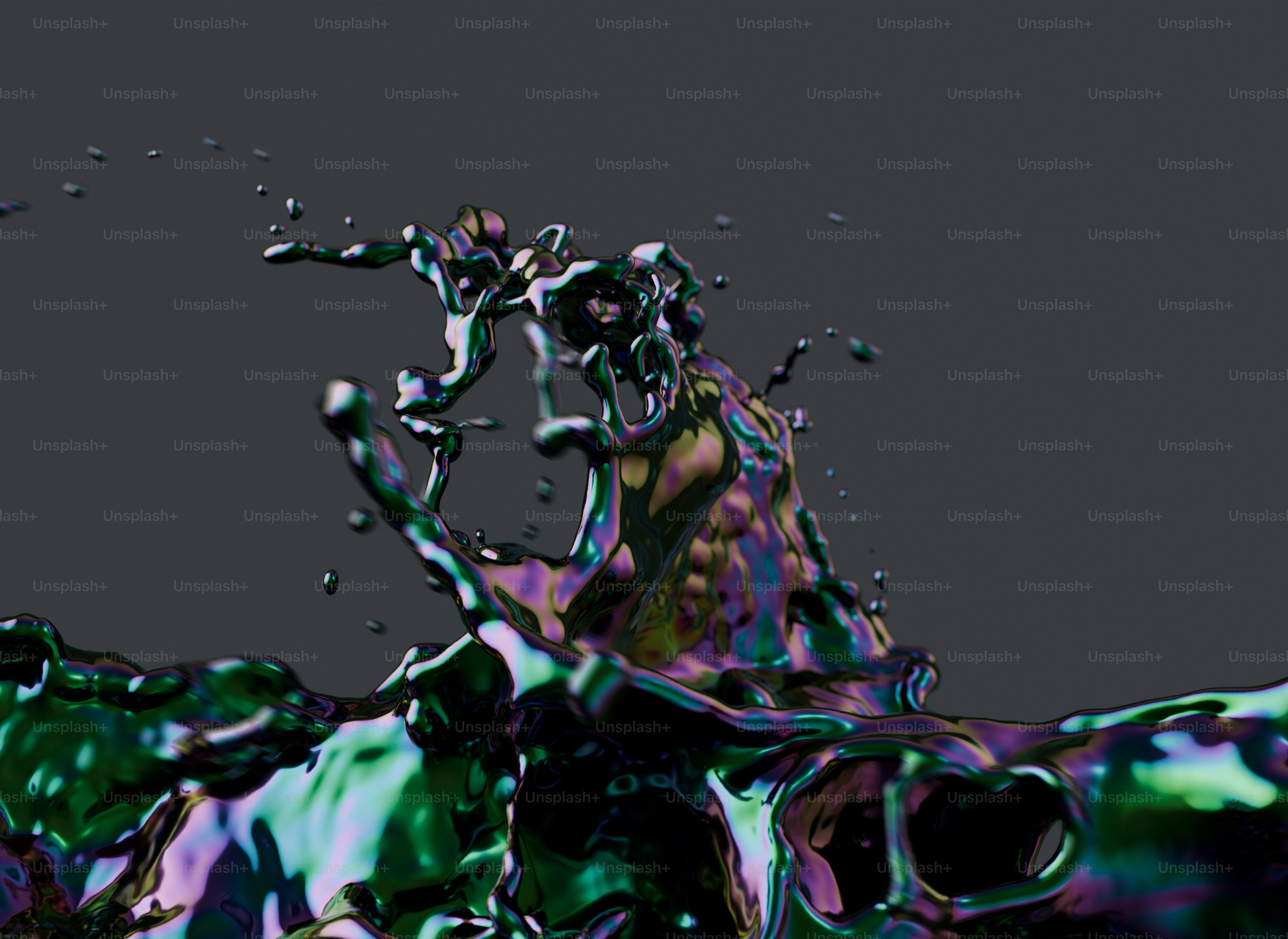 A 3D render of an iridescent liquid splash with metallic green and purple reflections
