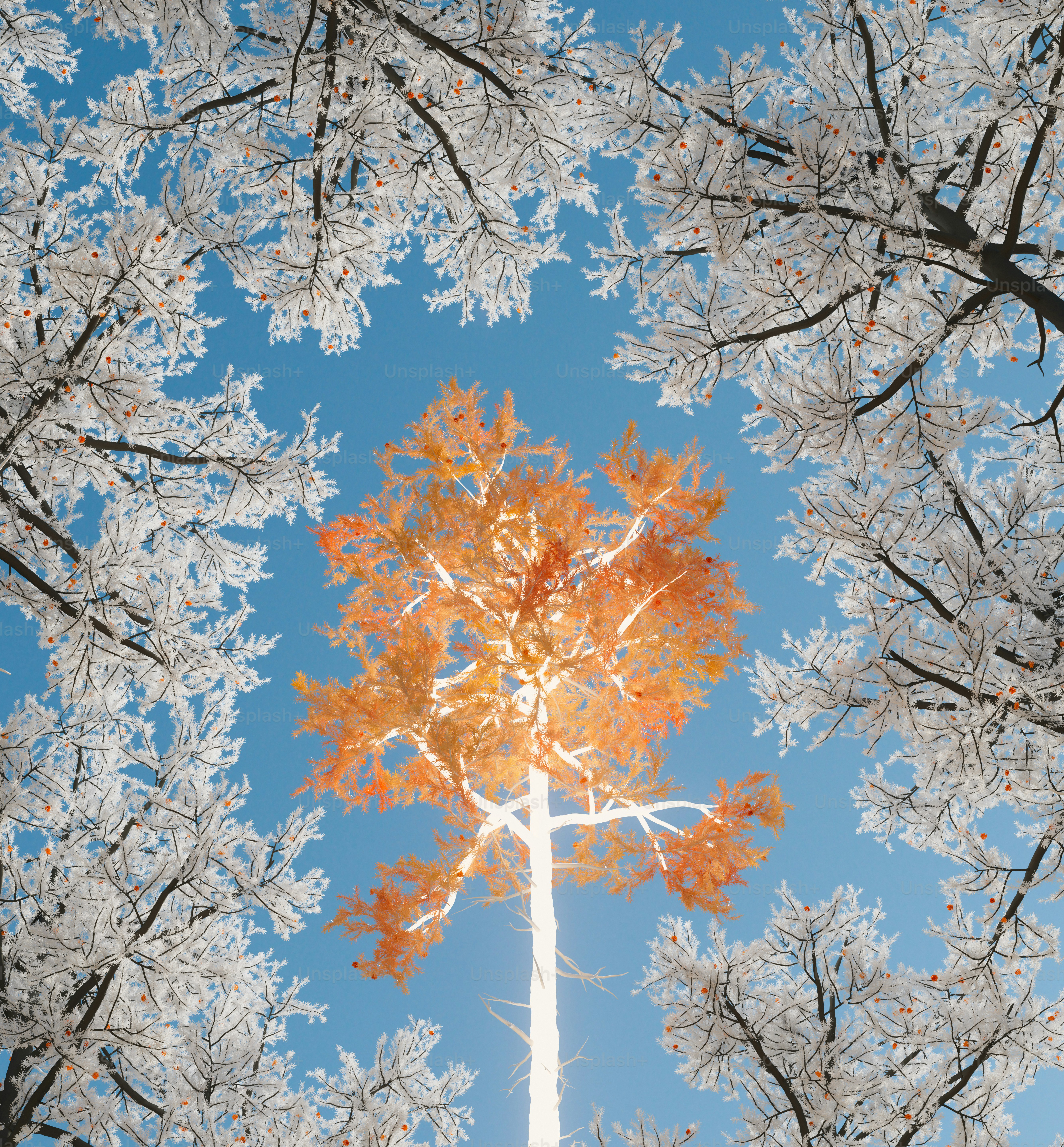 A 3D render of a glowing orange tree surrounded by frost-covered branches against a clear blue sky