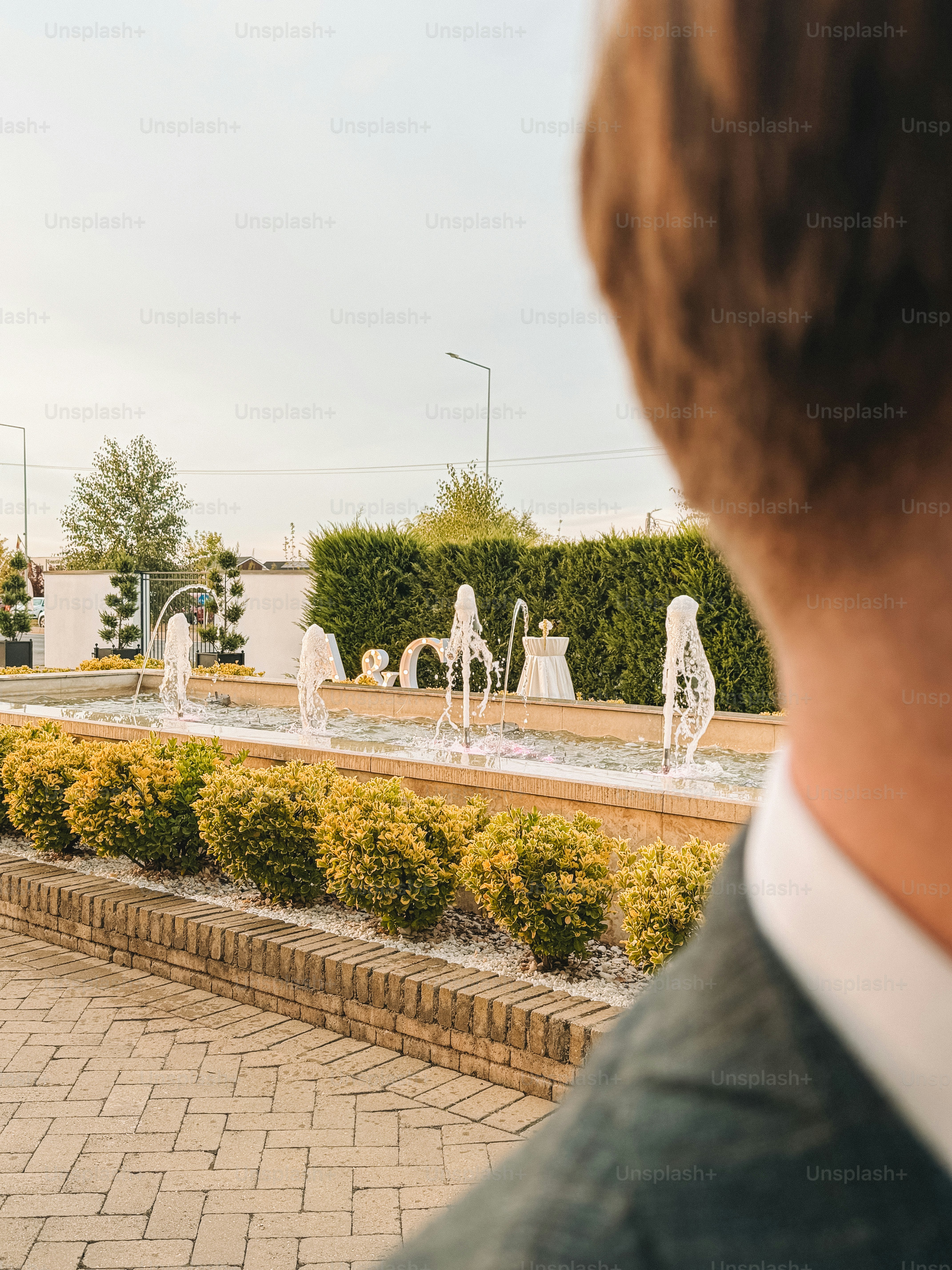 A person in a suit looking at fountains in a garden with trimmed hedges
