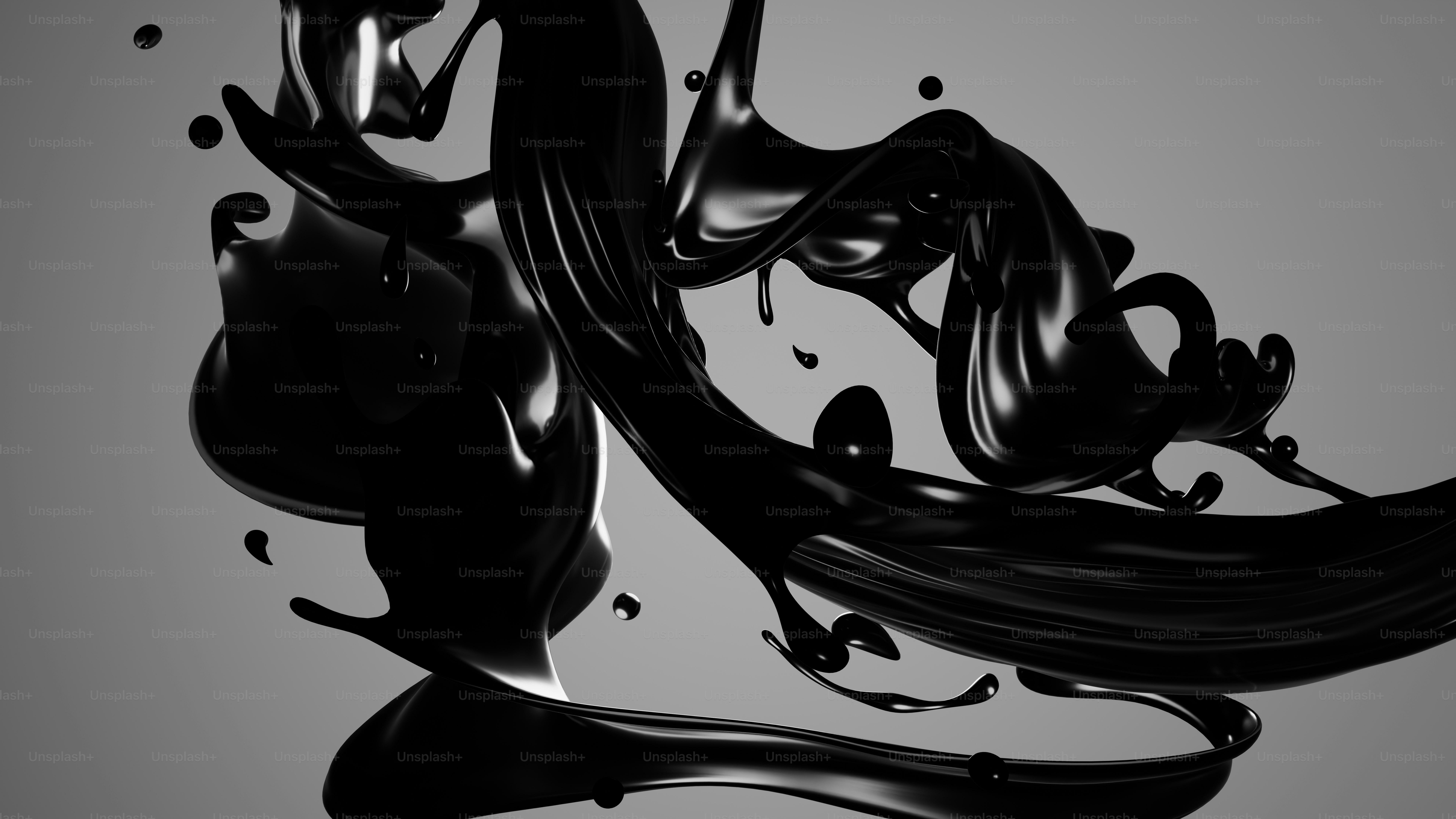 A 3D render of glossy black liquid splashing against a plain grey background