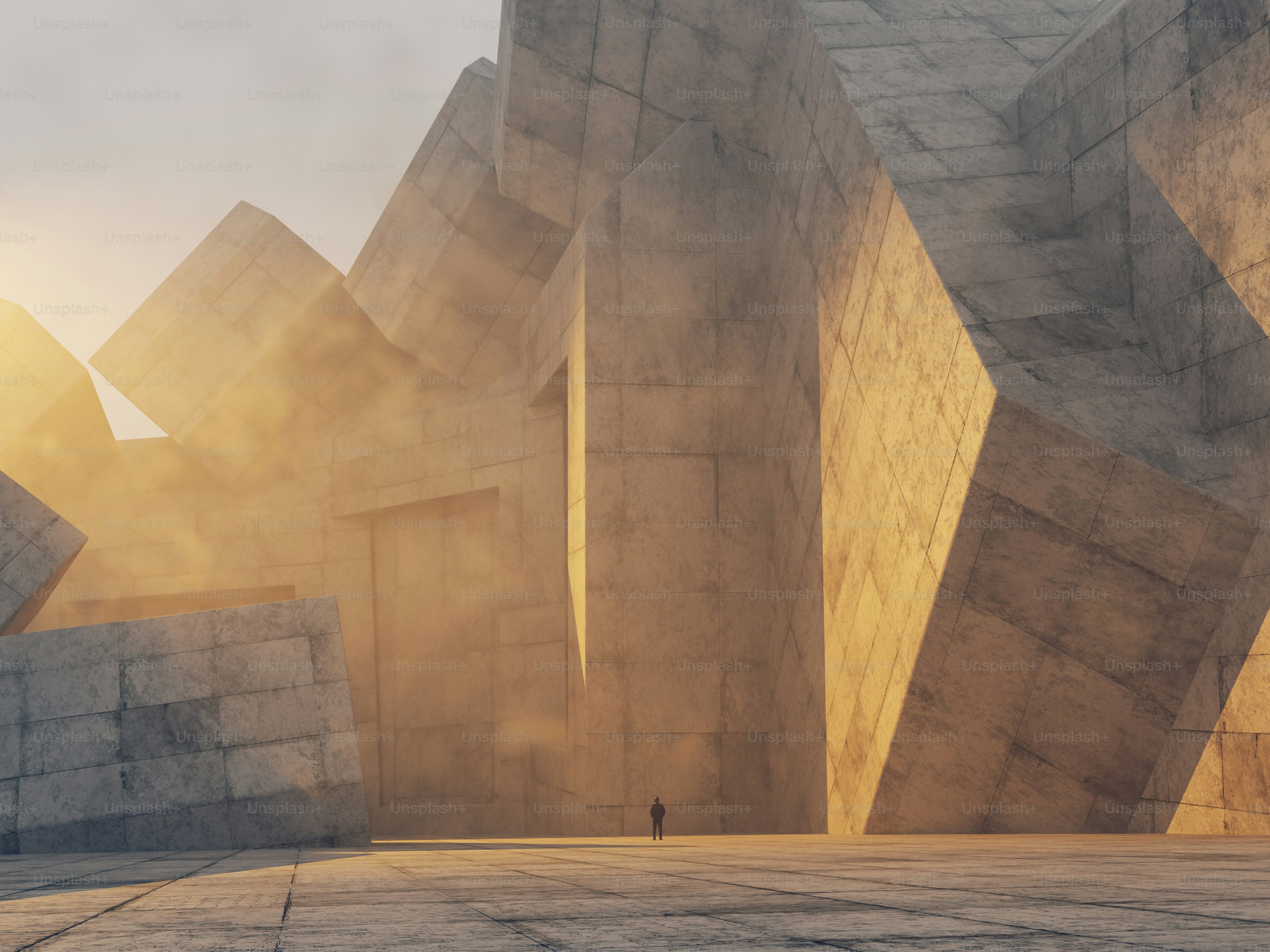 A 3D render of a tiny person standing before massive concrete geometric structures in golden light