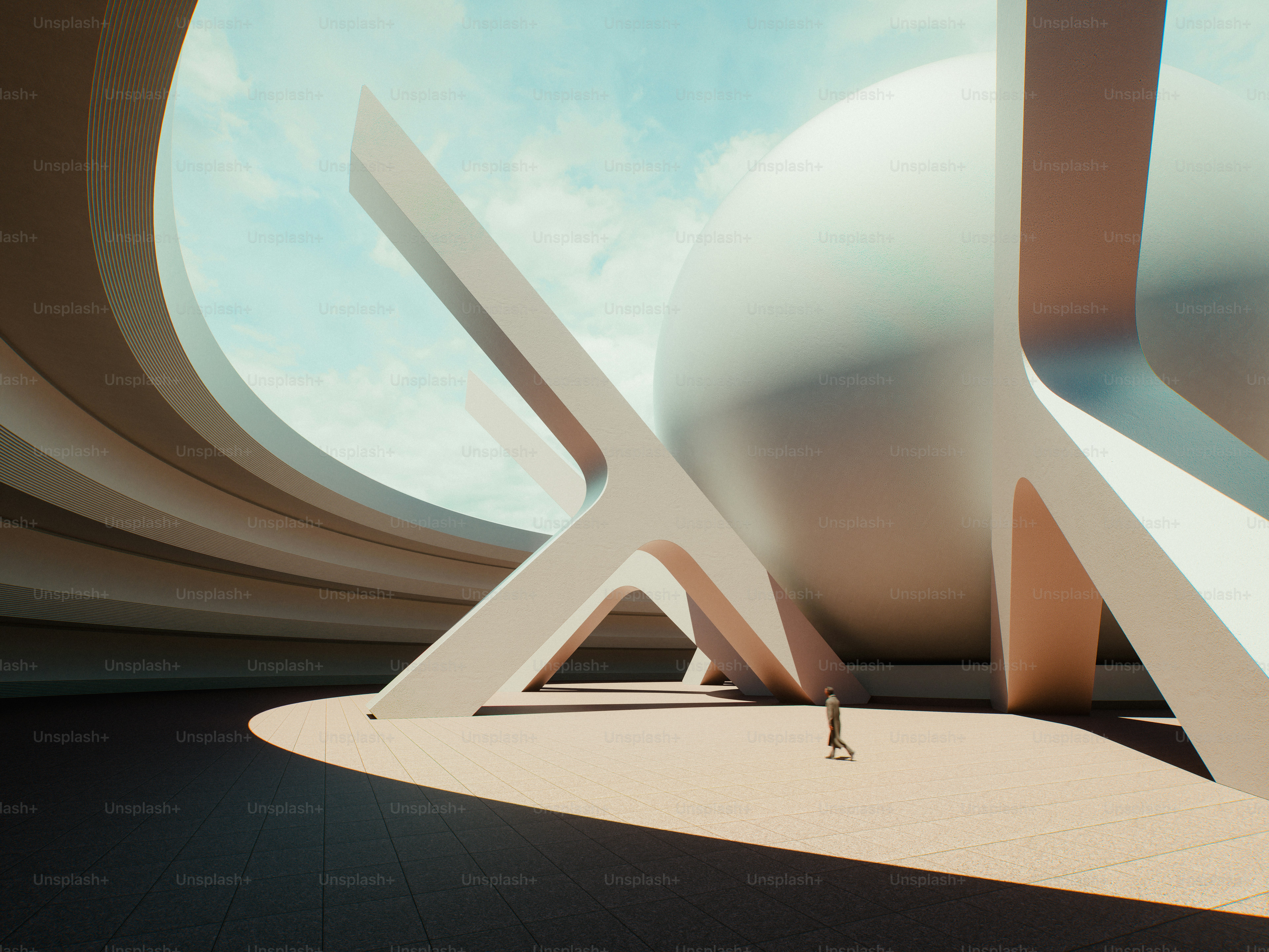 A 3D render of a person walking near a large white sphere and architectural structures
