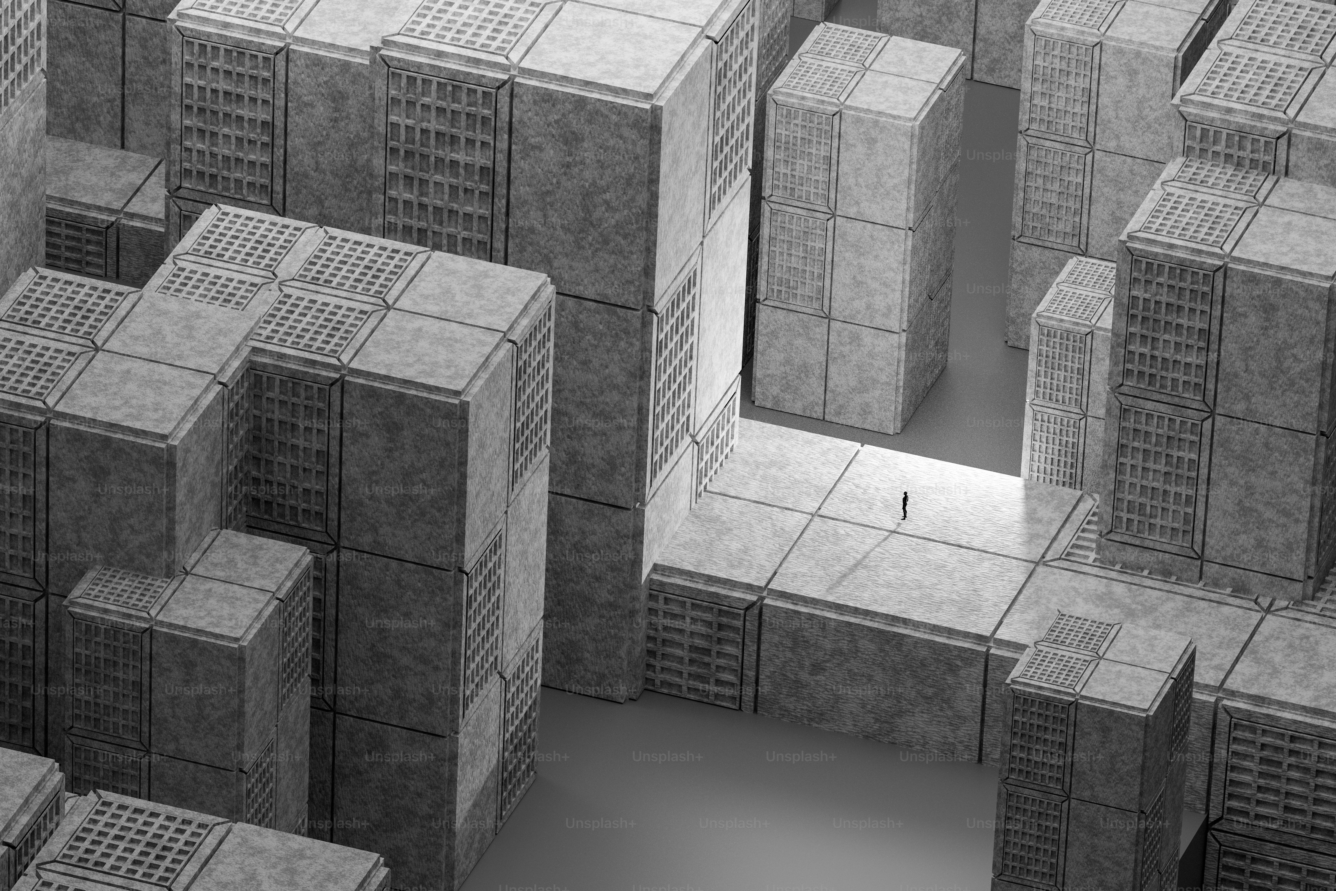Un rendering 3D di una minuscola persona in piedi su una piattaforma tra grandi edifici grigi in cemento