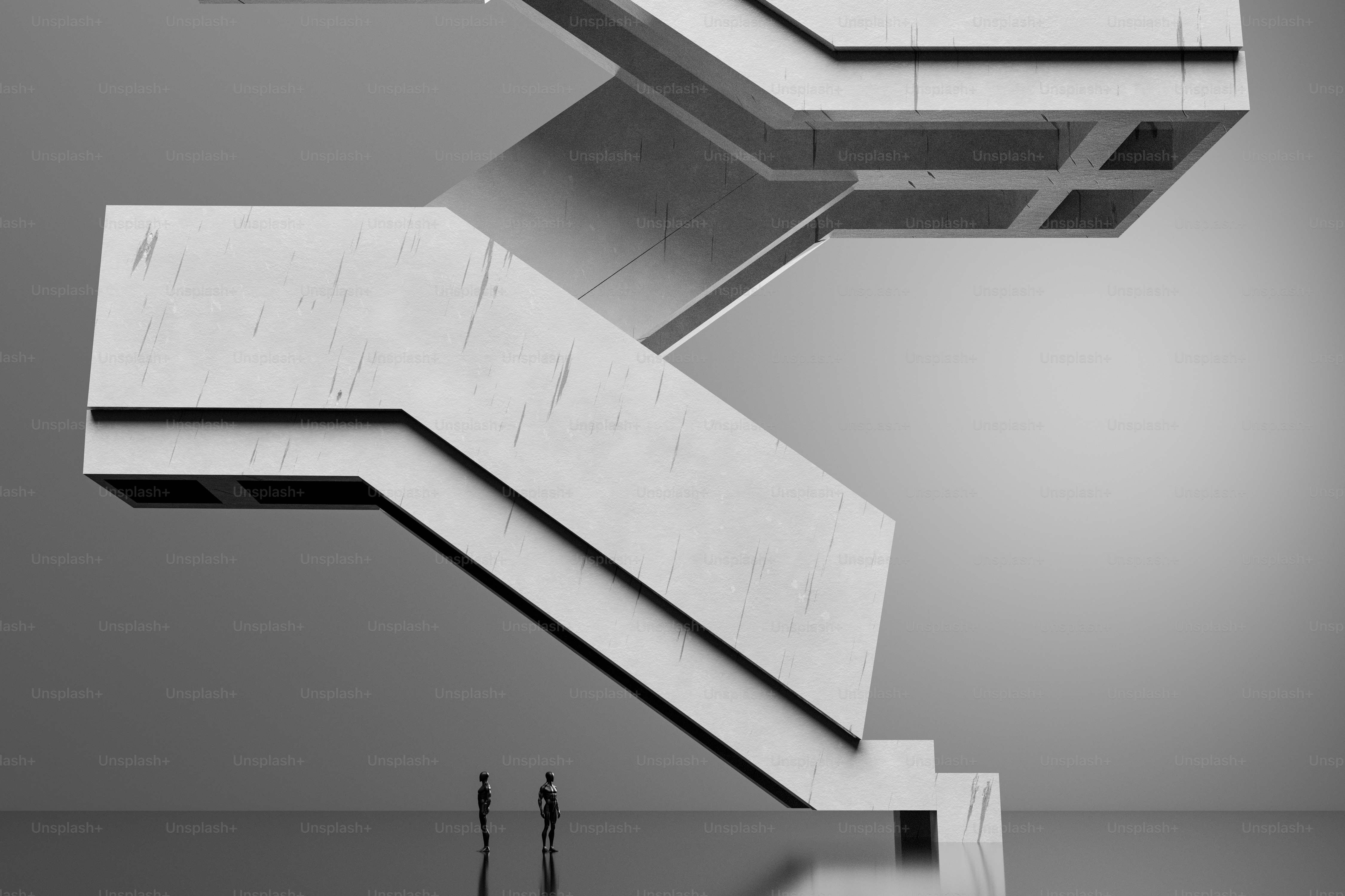 Un rendering 3D di due piccole figure in piedi sotto una grande scala di cemento consumata