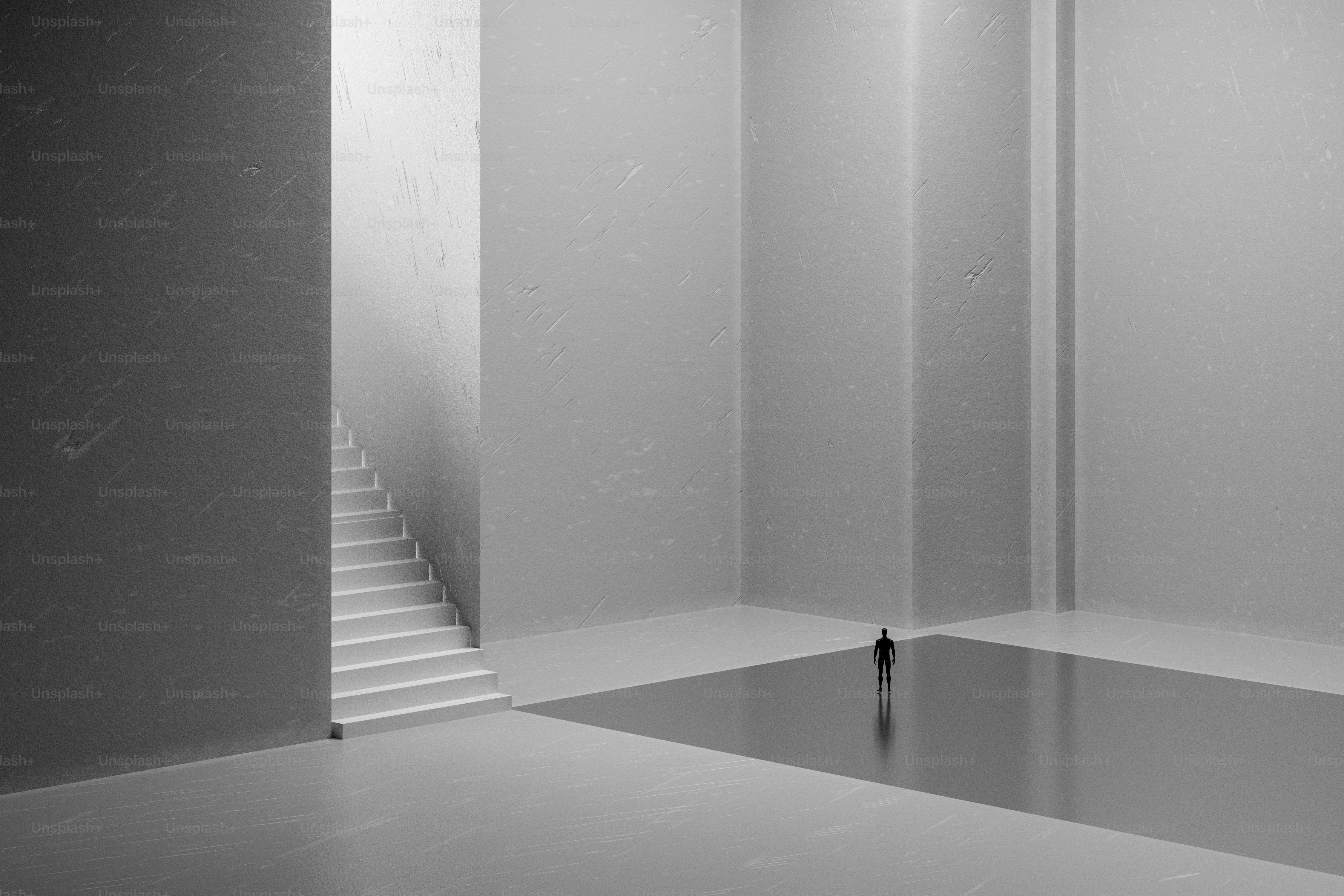 Un render 3D di una persona solitaria in un vasto corridoio minimalista con scale
