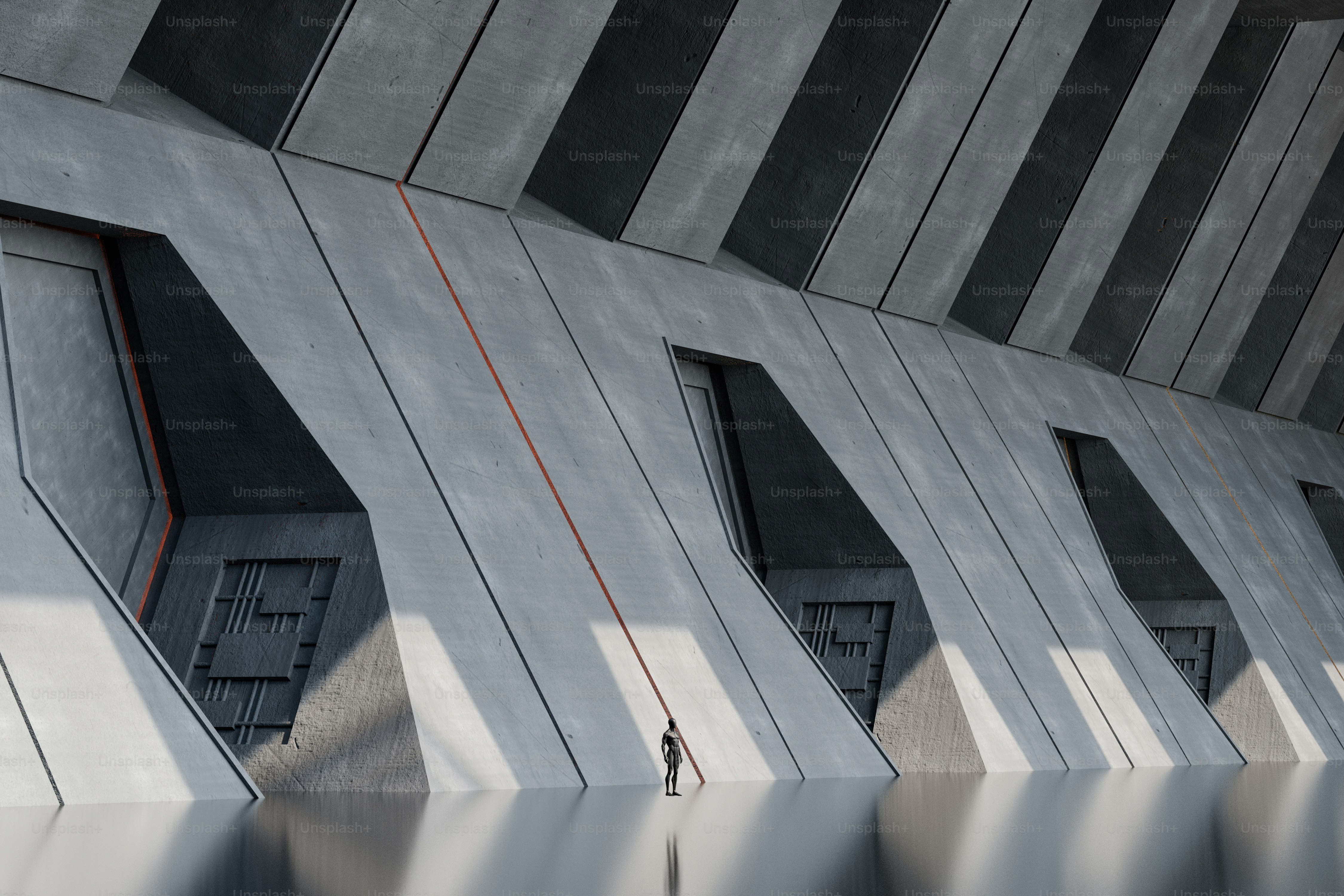 Un rendering 3D di una persona solitaria in piedi in una vasta sala brutalista di cemento con pareti angolari