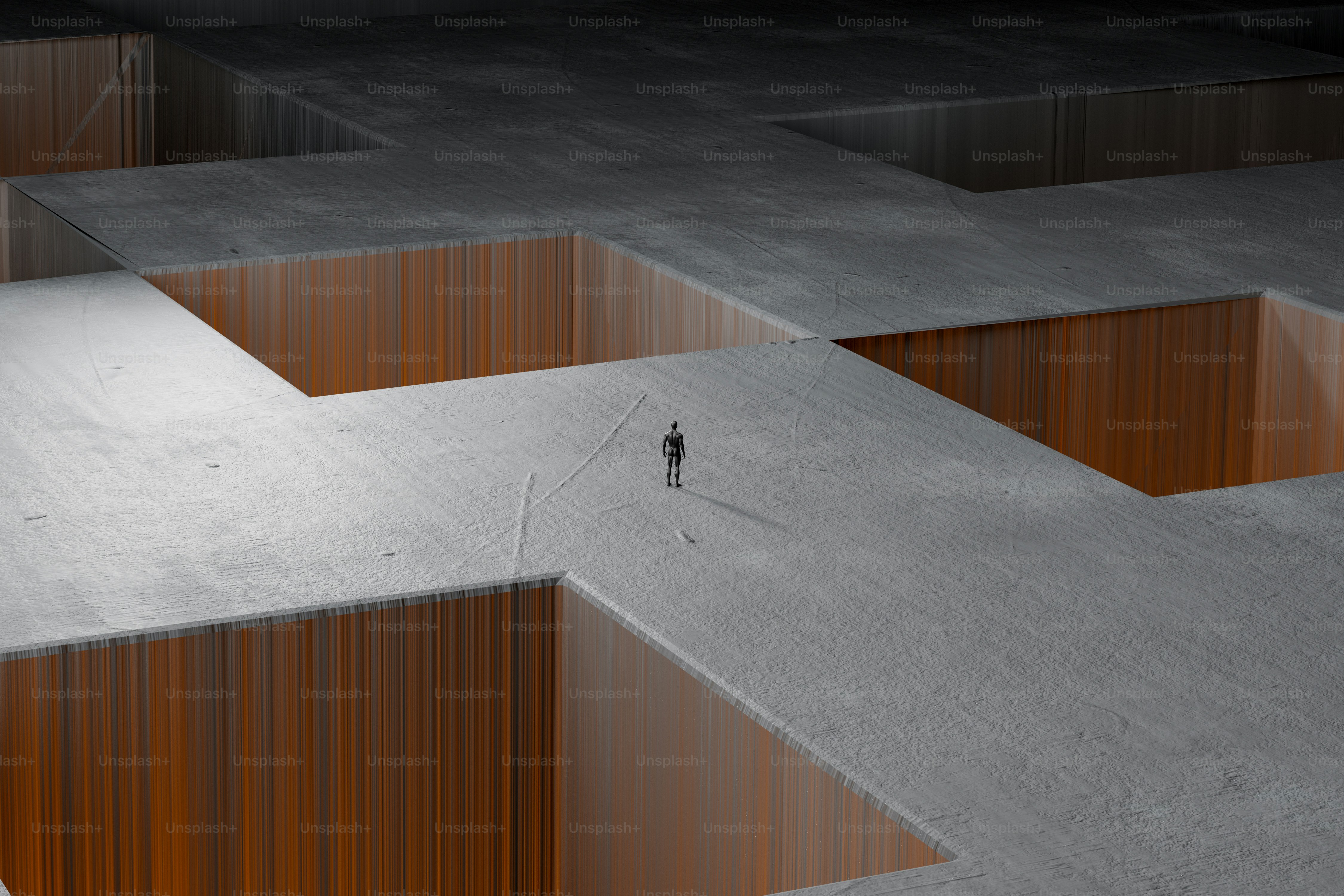 Un rendering 3D di una minuscola persona in piedi su una vasta struttura di cemento grigio con profondi vuoti arancioni