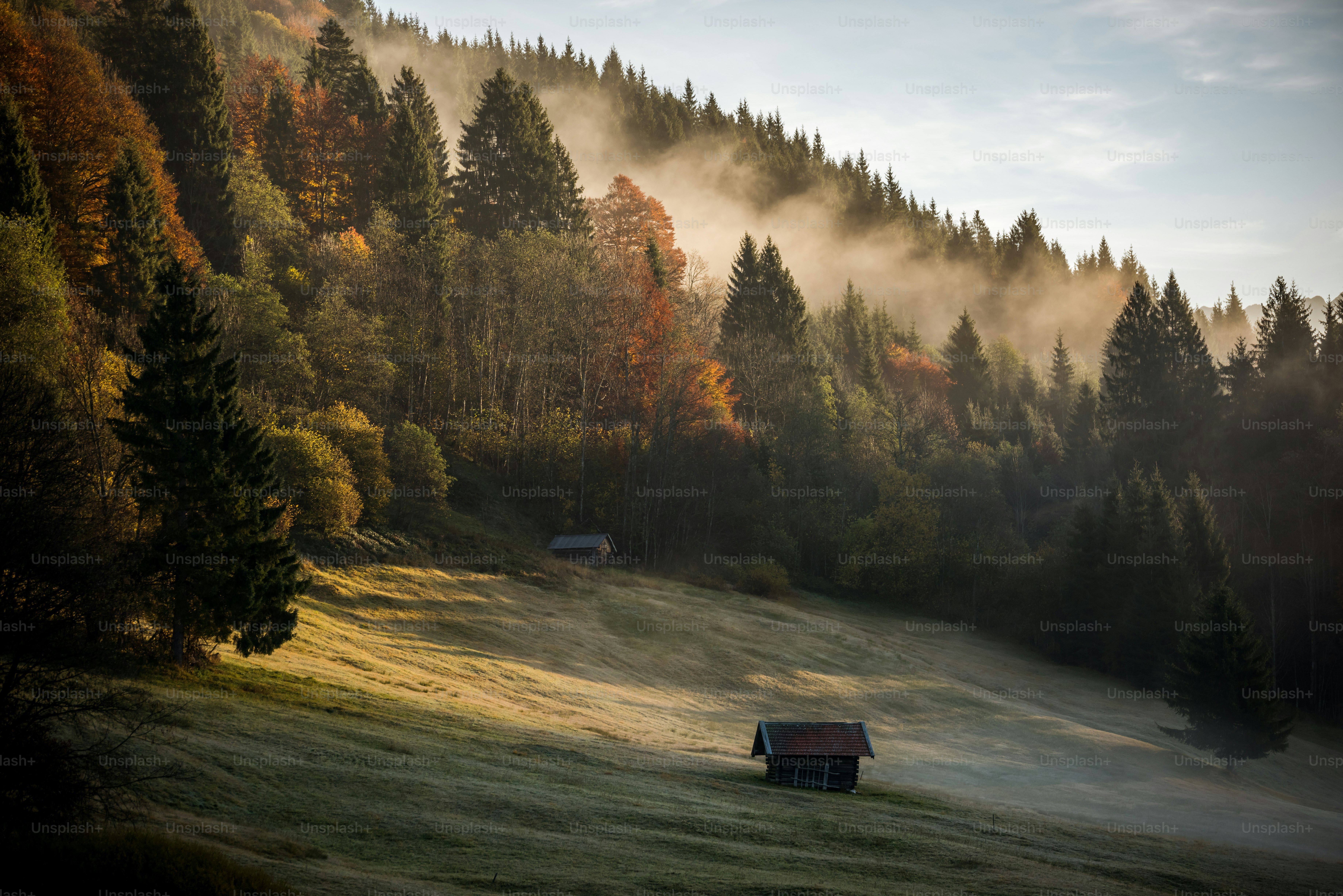 Wooden huts in Garmisch-Partenkirchen meadow - Photo on Unsplash+