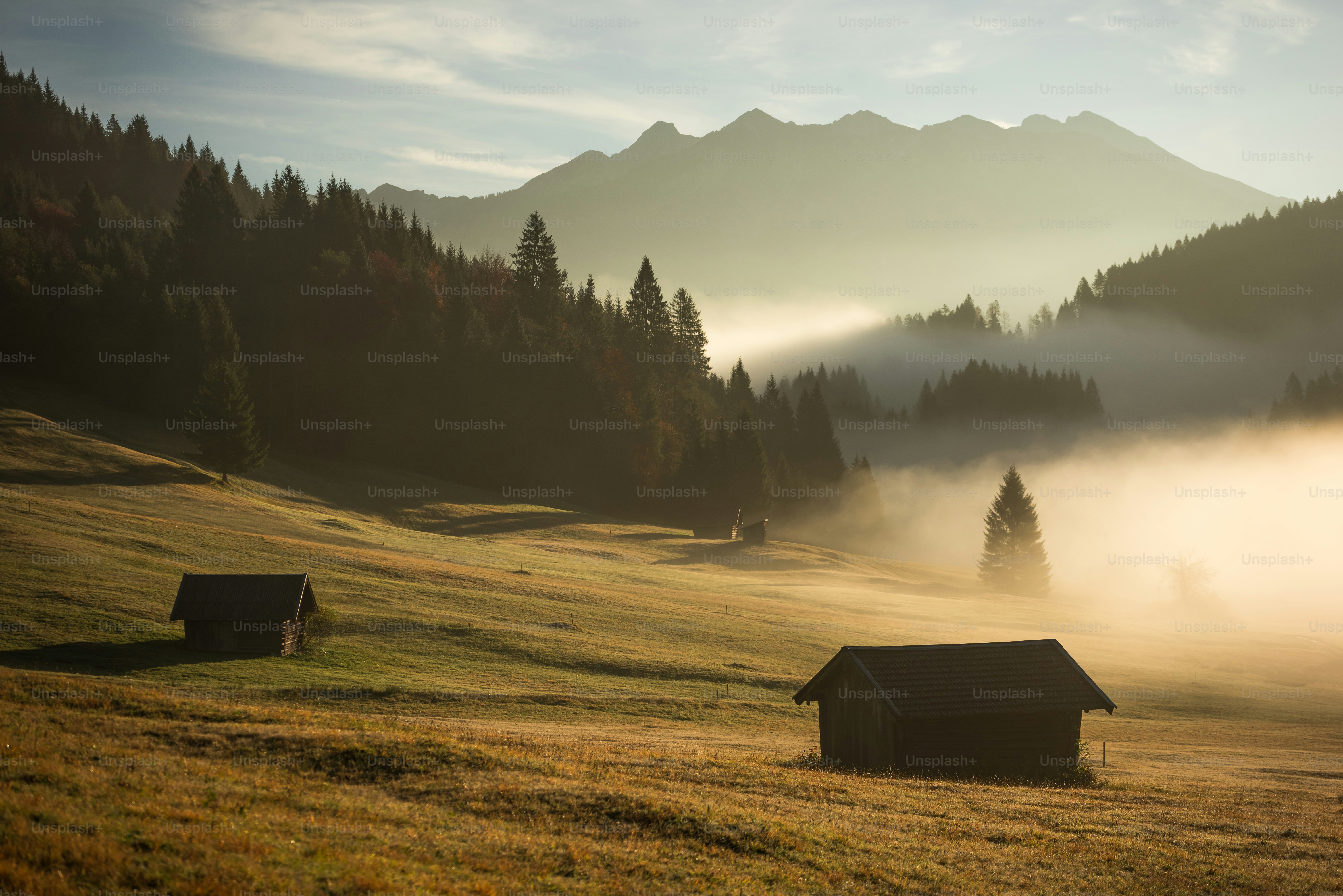 Wooden hut in misty Garmisch-Partenkirchen meadow - Photo on Unsplash+