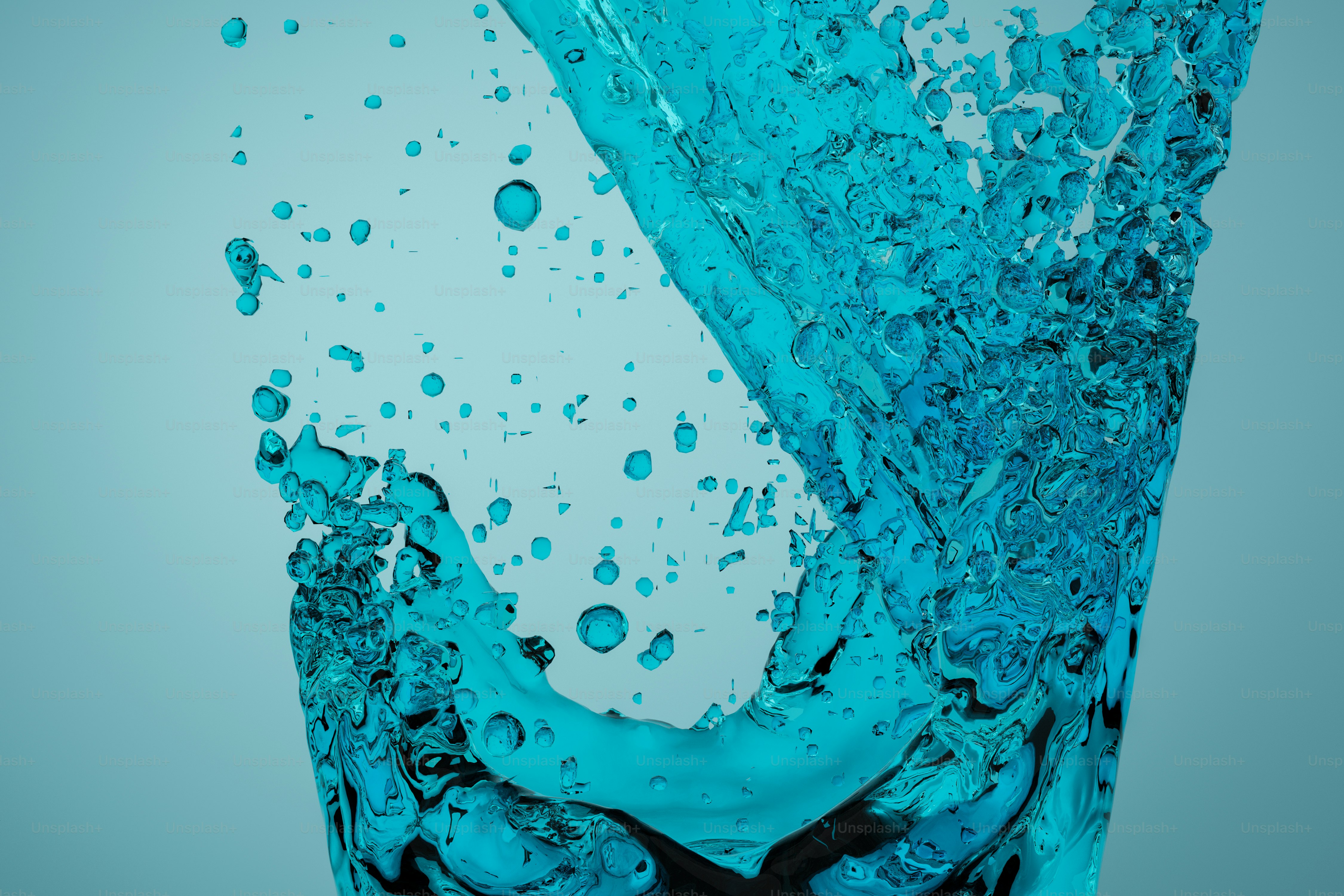 Un rendering 3D di una spruzzata vorticosa di liquido blu traslucido su uno sfondo azzurro chiaro