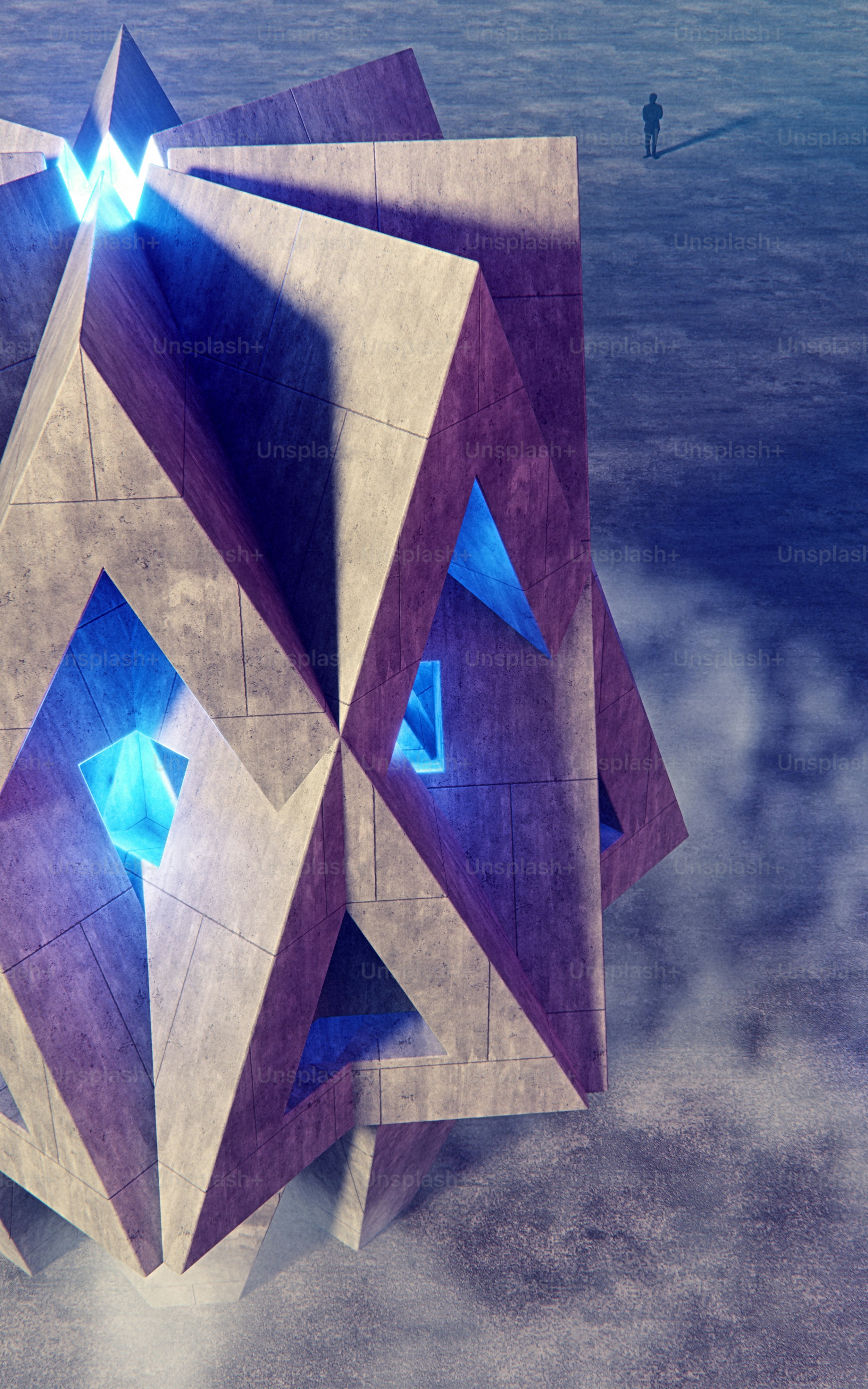 Un rendering 3D di una grande struttura geometrica in cemento con una luce blu luminosa e una persona solitaria nelle vicinanze