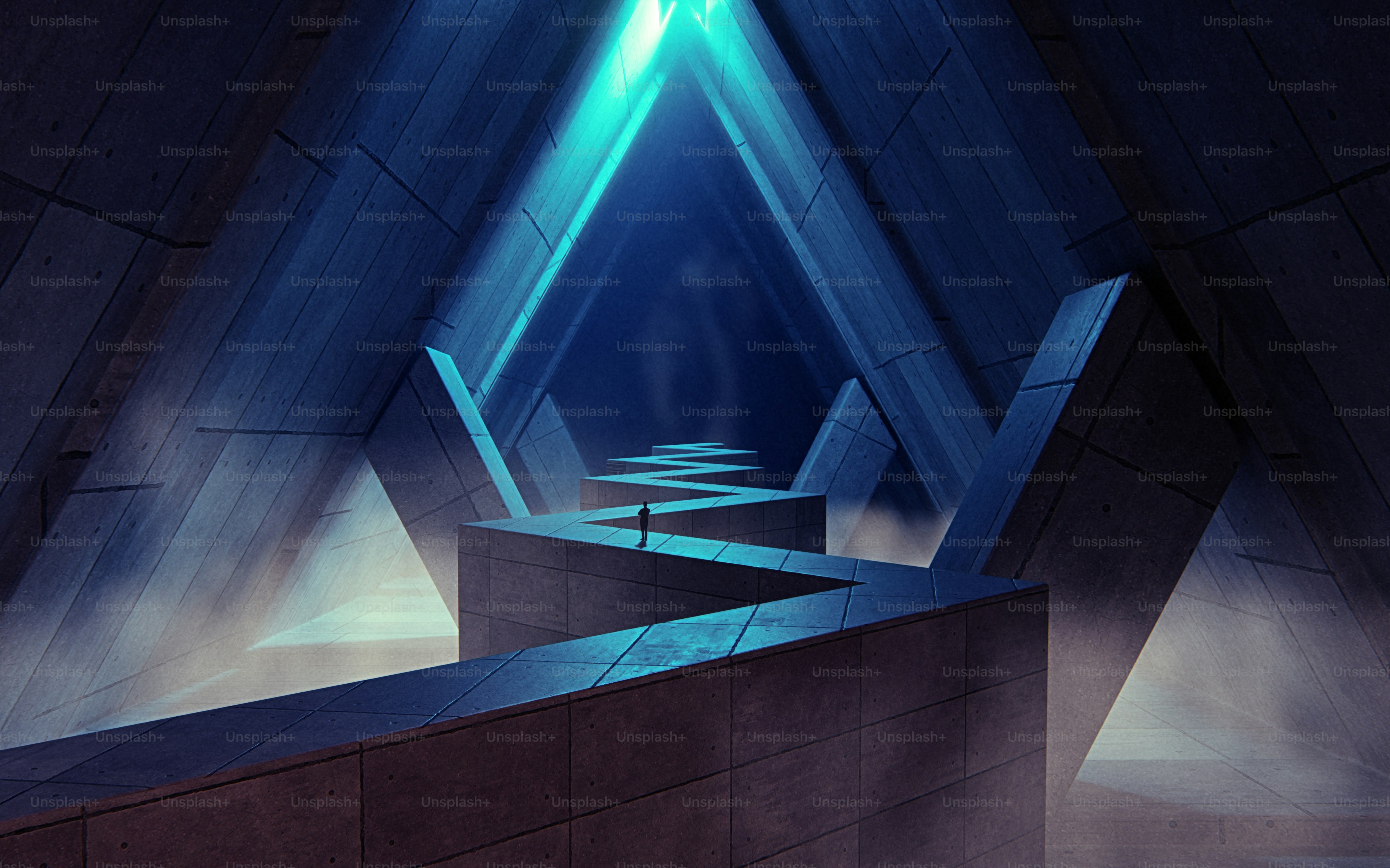 Un render 3D di una persona in piedi su un sentiero di cemento zigzagante all'interno di un tunnel triangolare