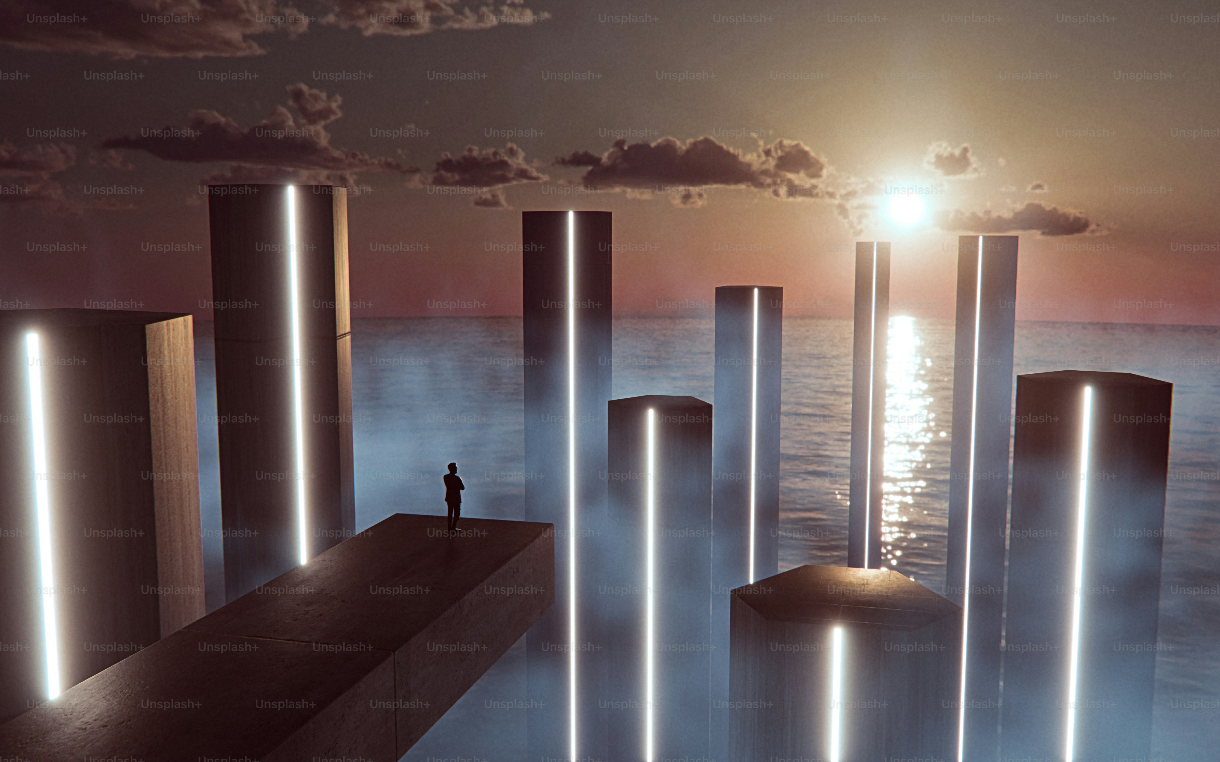 Un rendering 3D di una persona in piedi su una piattaforma tra pilastri luminosi sopra il mare