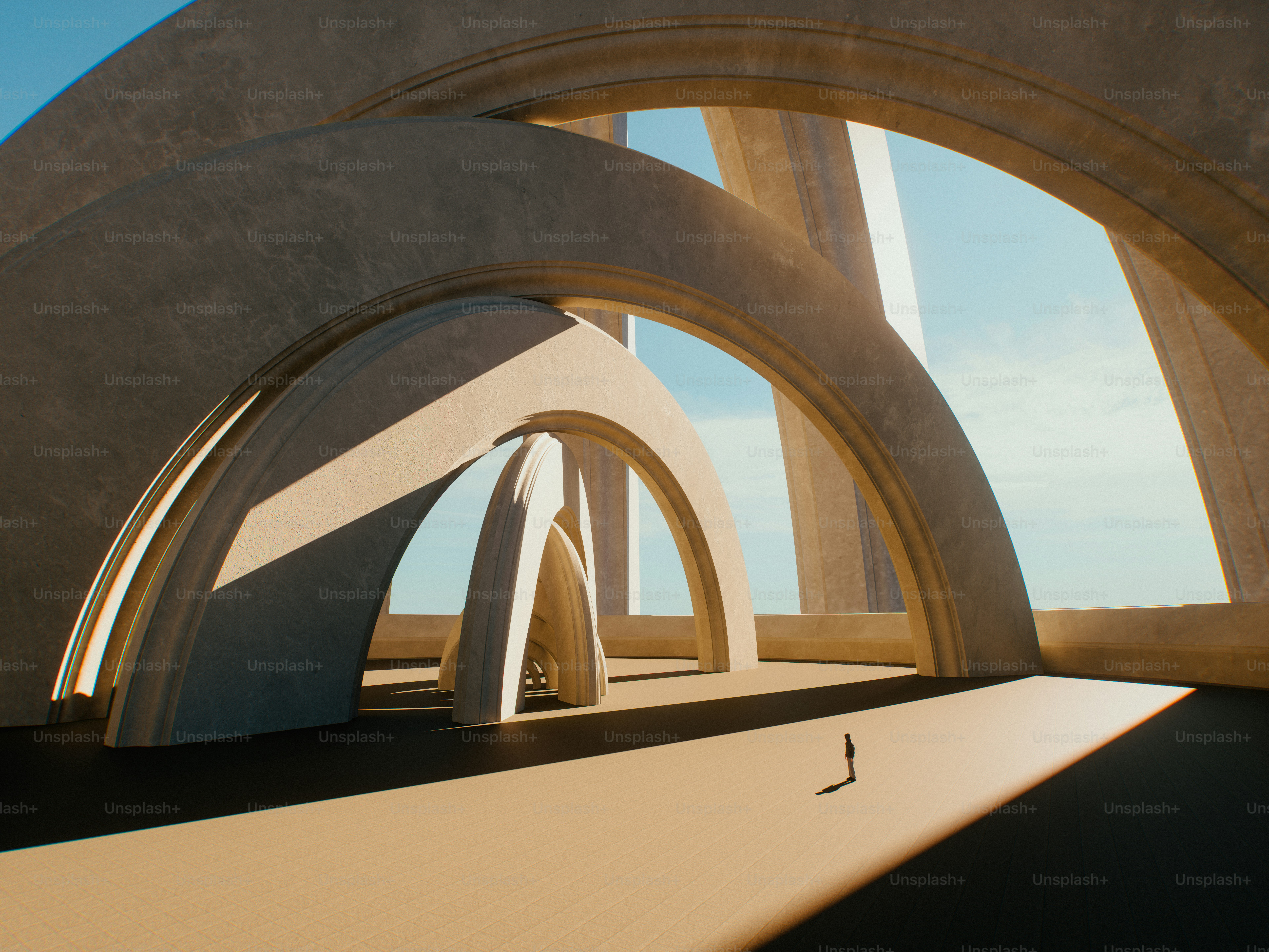A 3D render of a person standing in a vast hall with large concrete arches