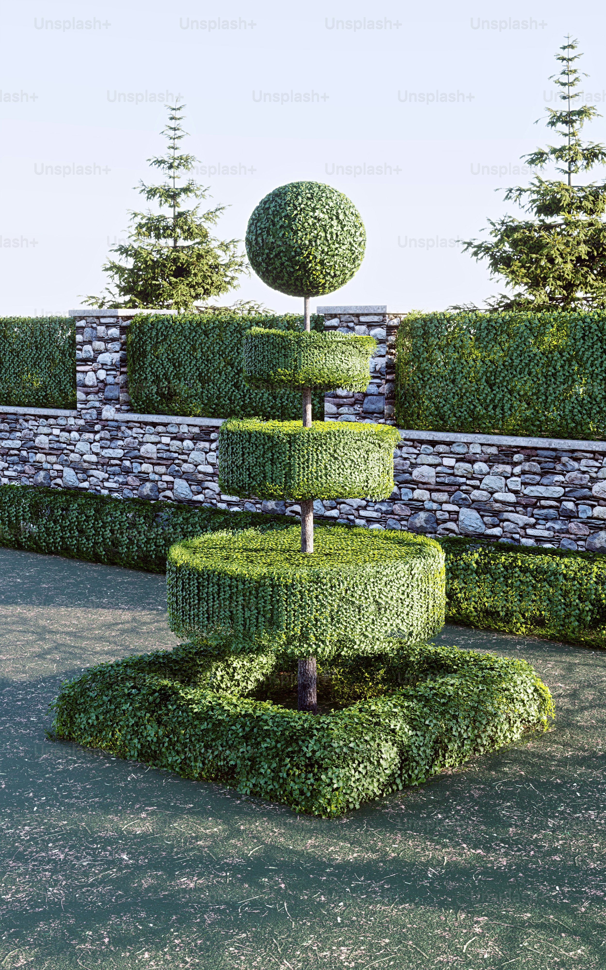 Un render 3D de un árbol topiario escalonado en un jardín con un muro de piedra