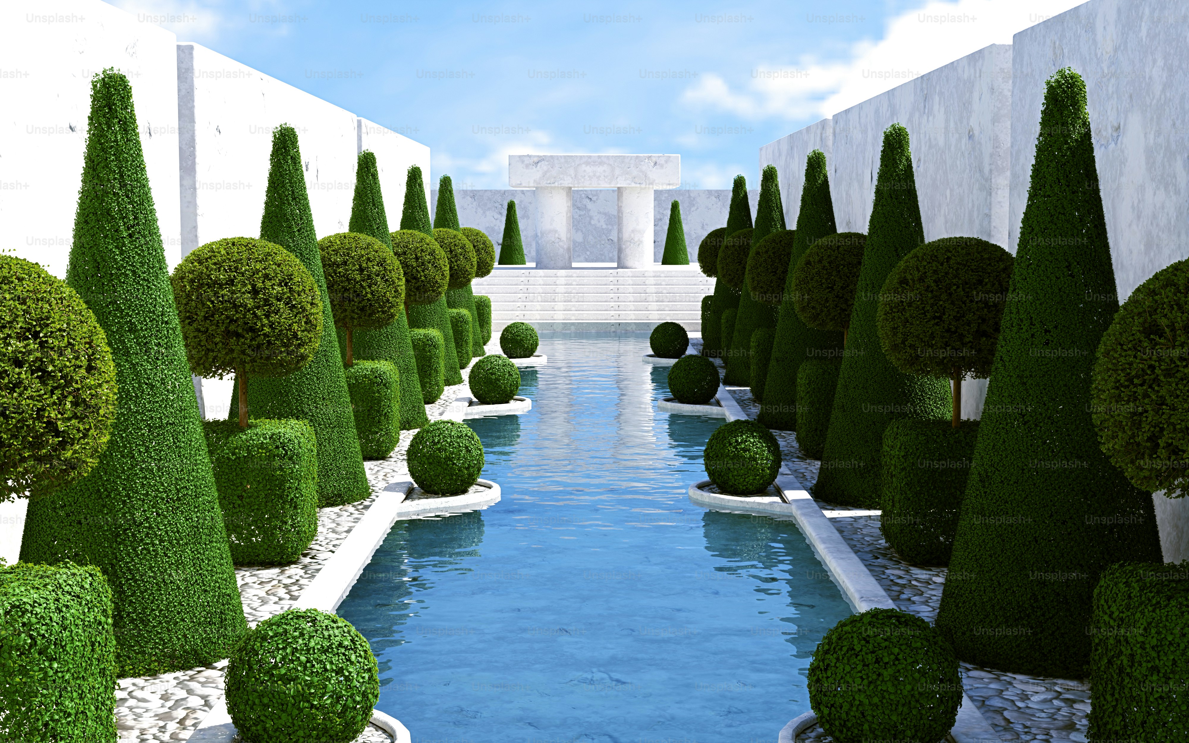 Un render 3D de un jardín formal con árboles topiarios cuidados y una piscina reflectante central