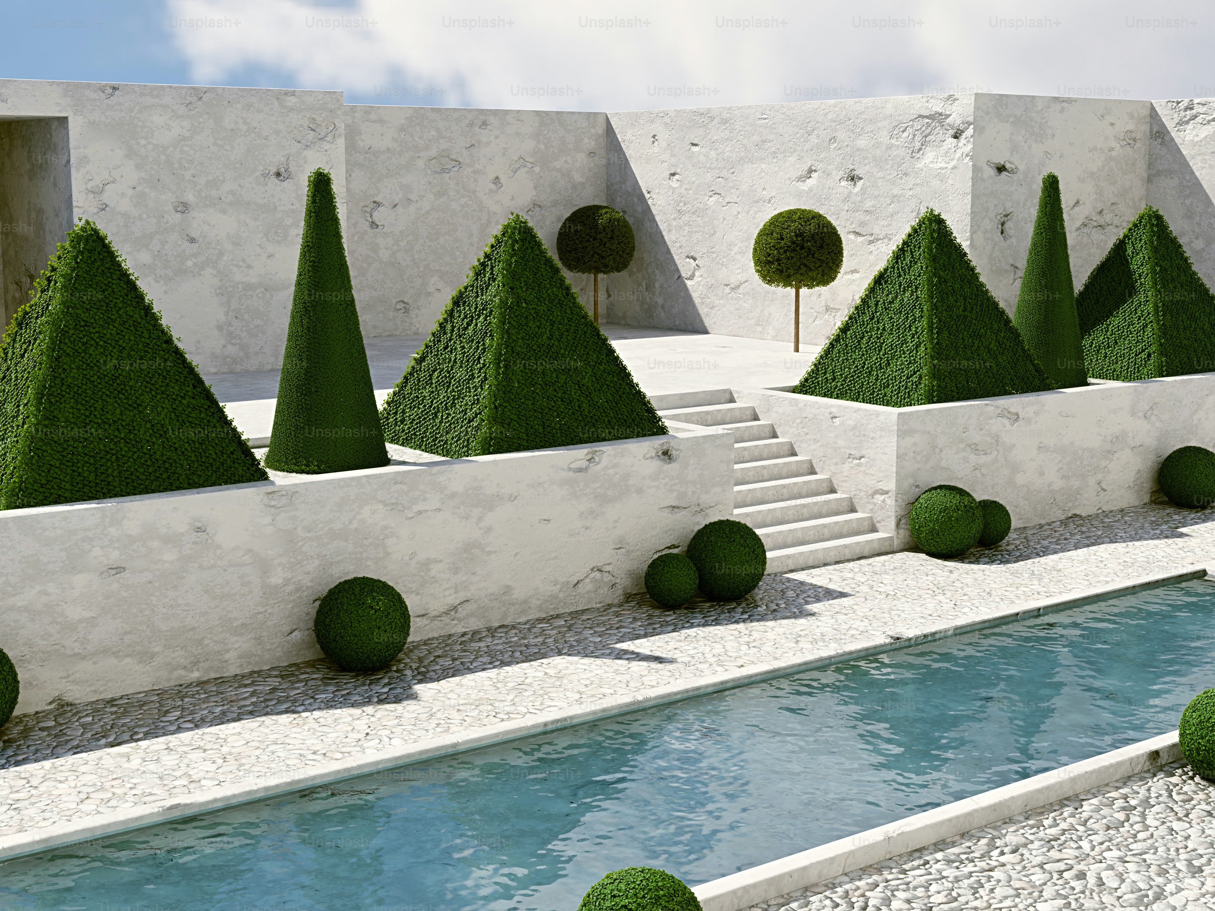 Un render 3D de un jardín minimalista con topiarios geométricos, muros de piedra blanca y una piscina rectangular