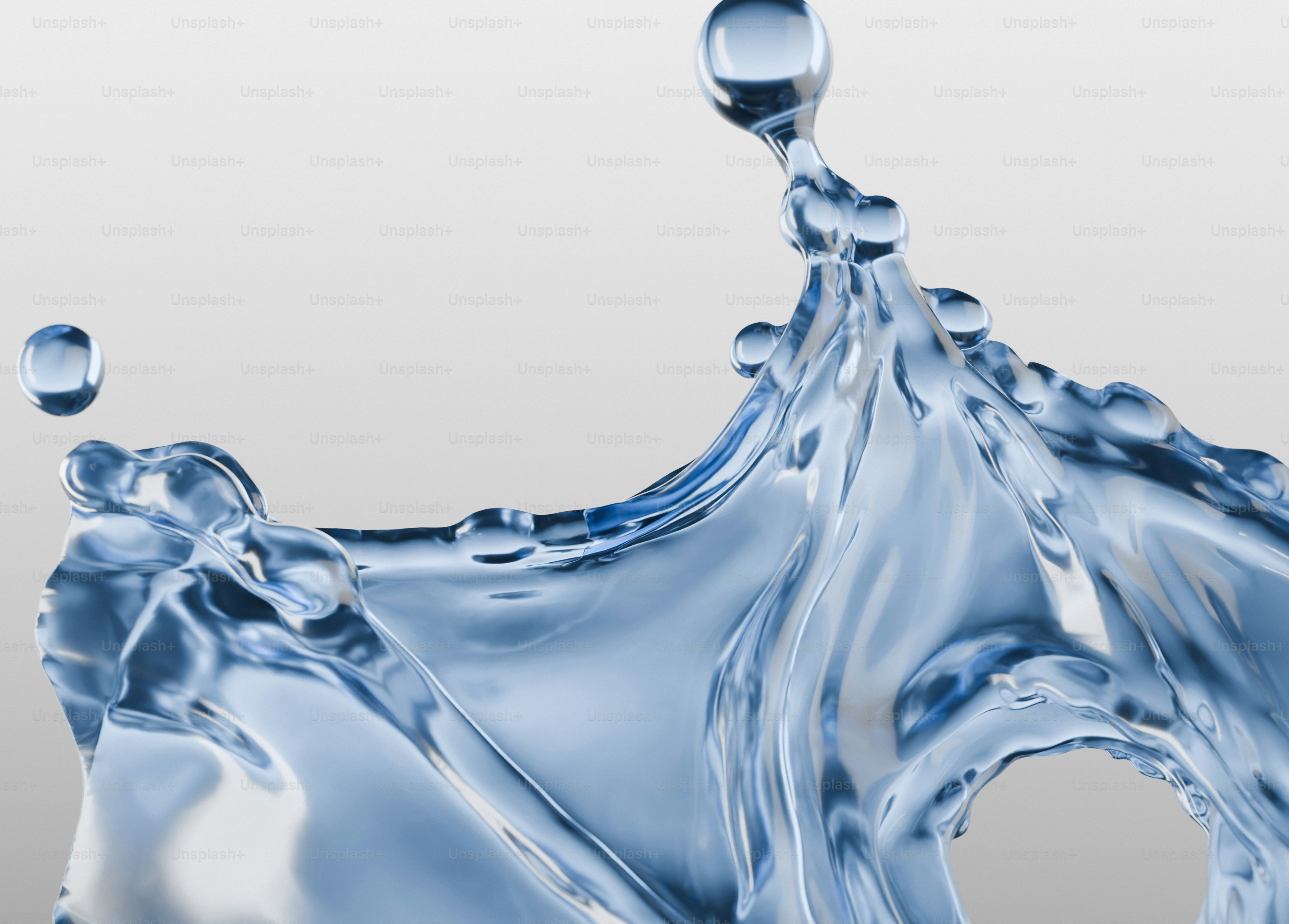 A 3D render of a clear water splash with droplets against a light grey background