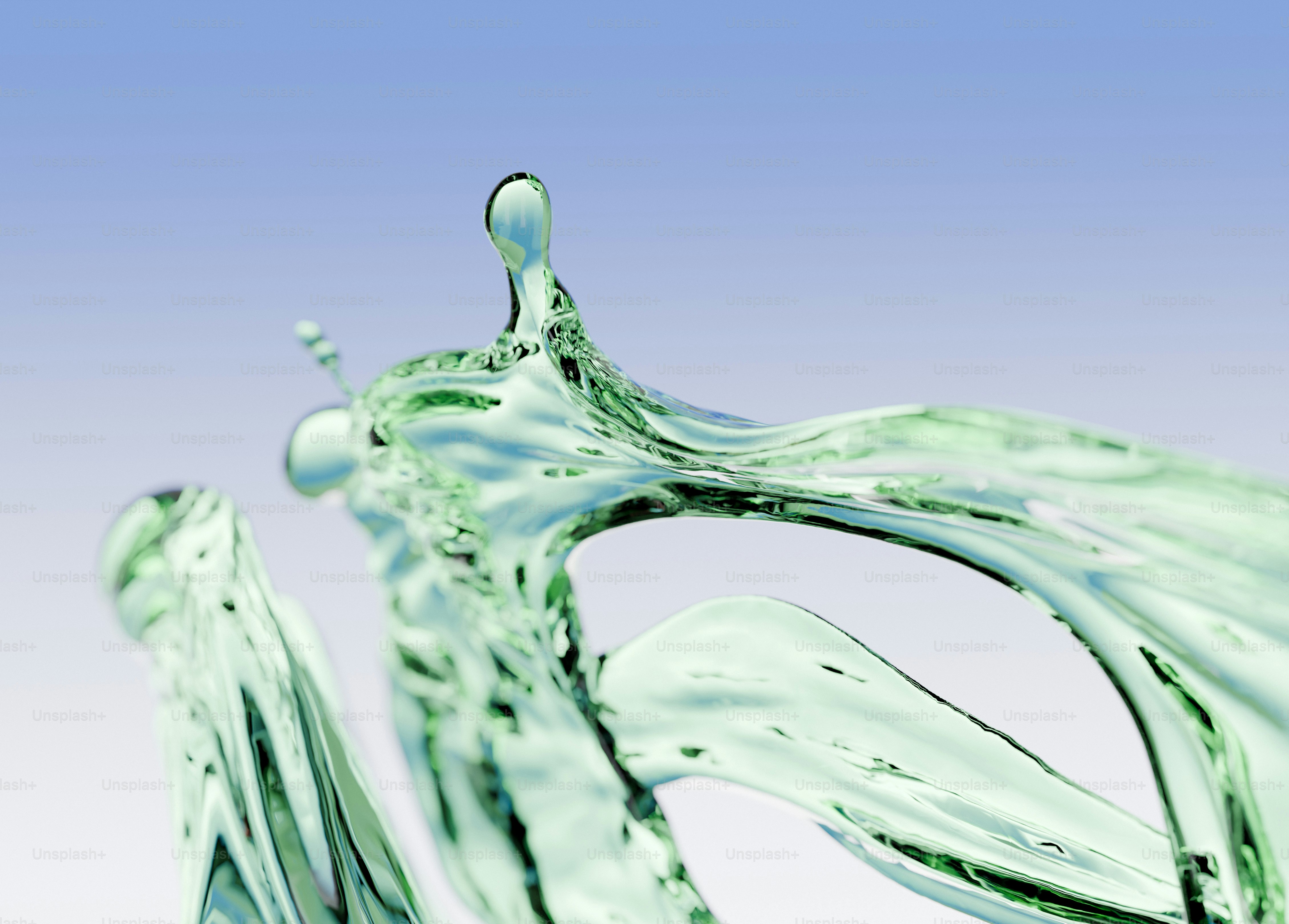 A 3D render of a green liquid splash against a soft blue gradient background