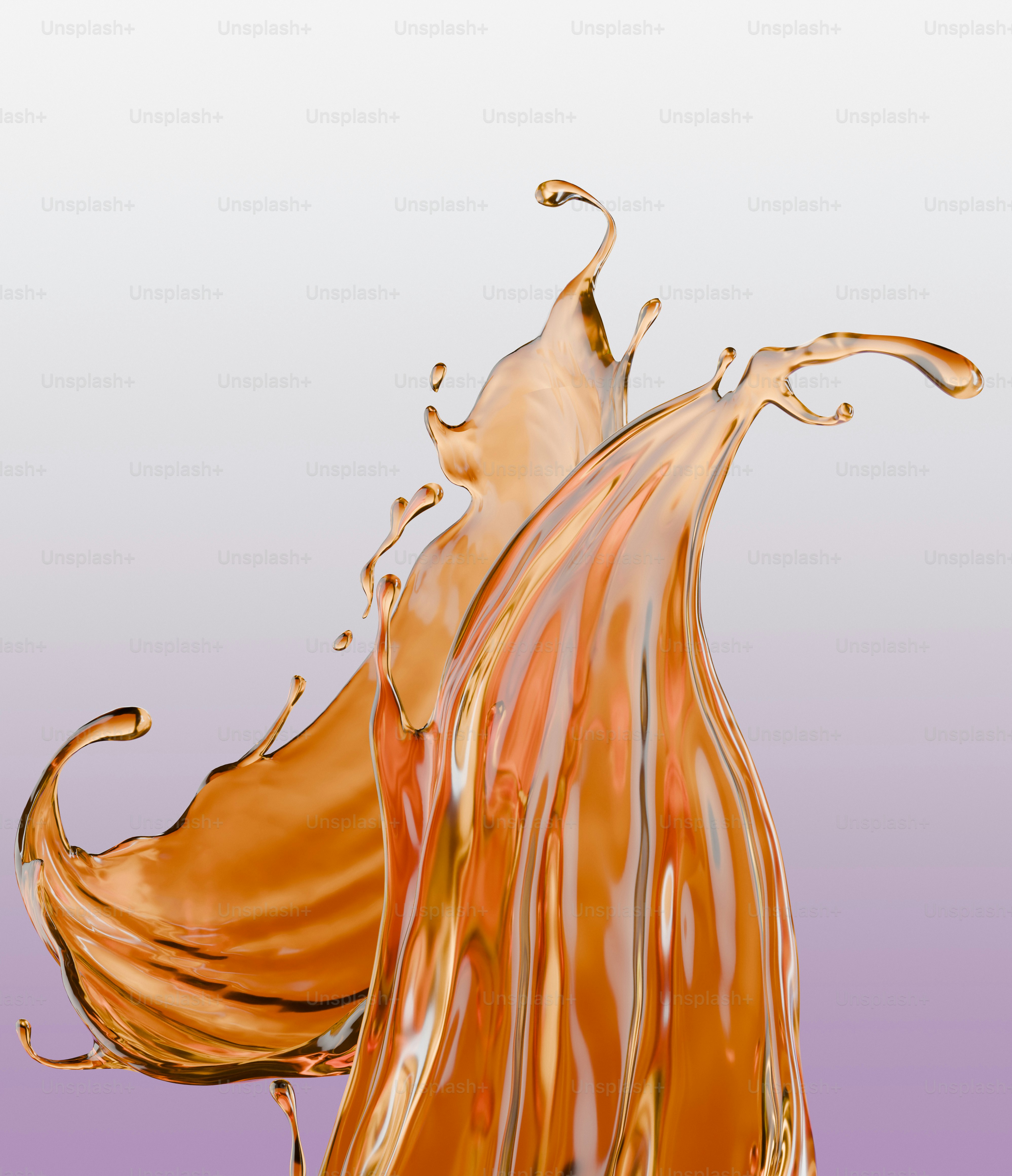 A 3D render of a dynamic amber liquid splash against a soft gradient background