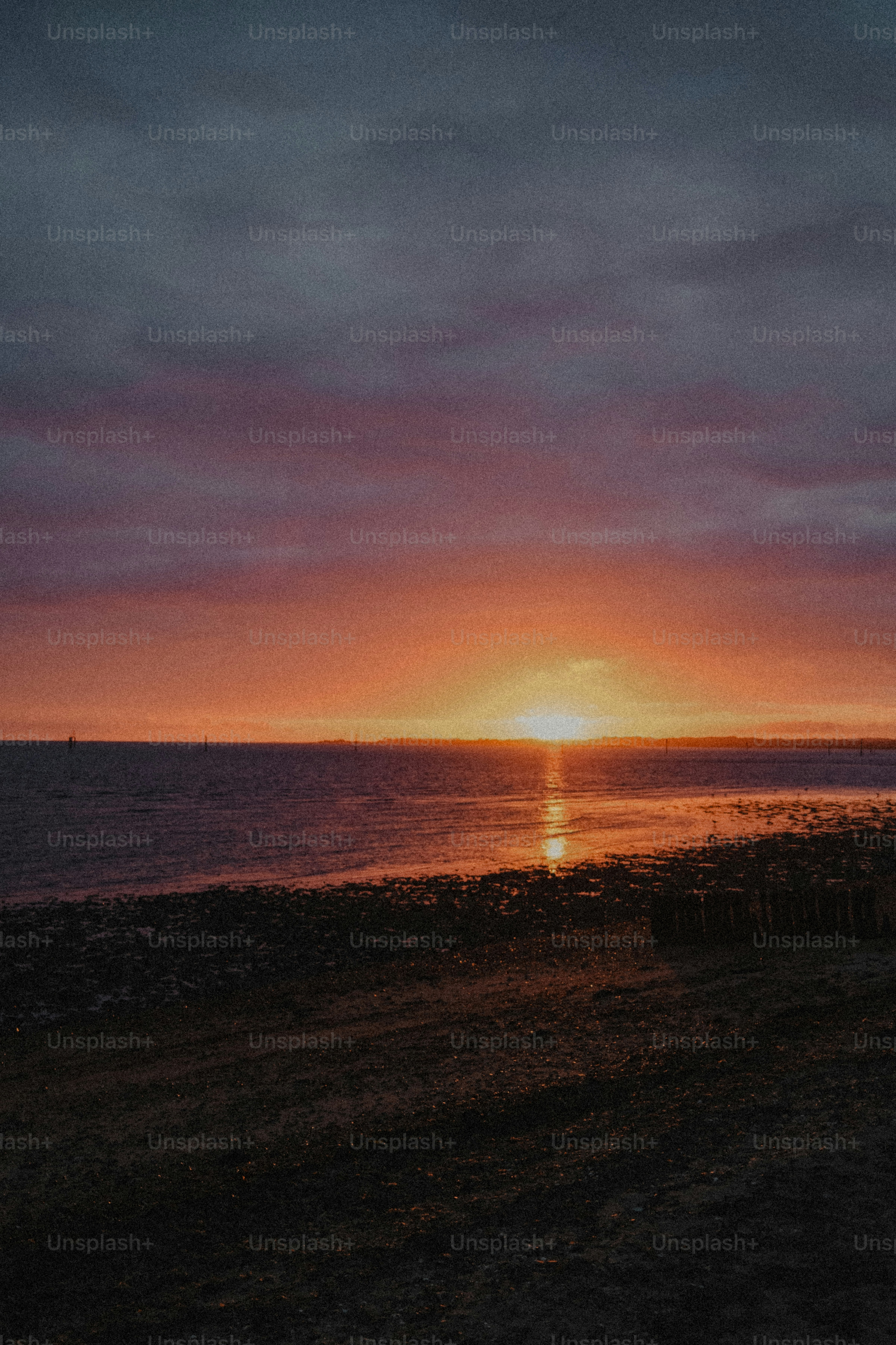 Low sun over a calm sea with a dark rocky shoreline and warm orange sky