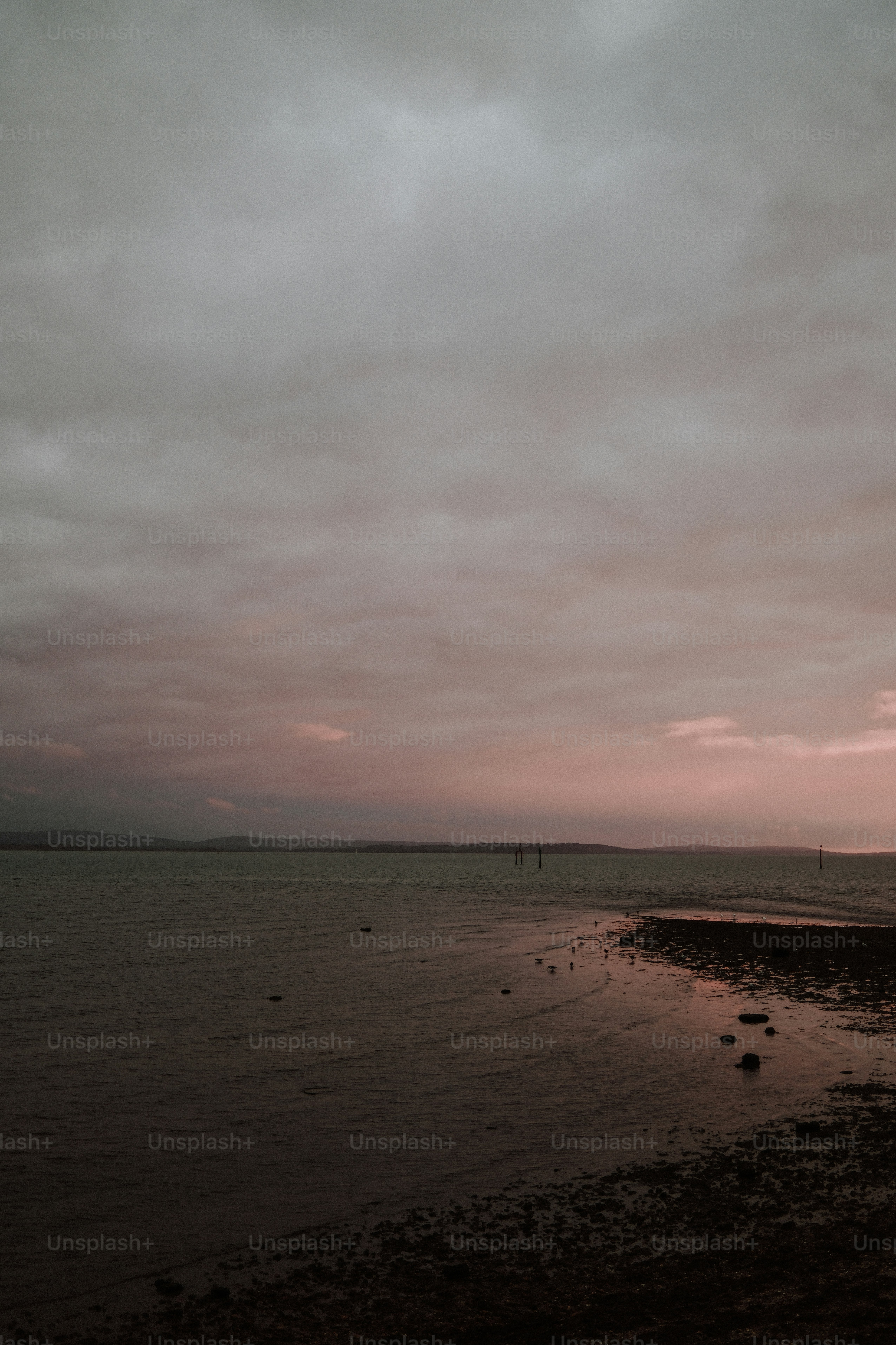 A calm sea under a cloudy sky with soft pink light at the horizon