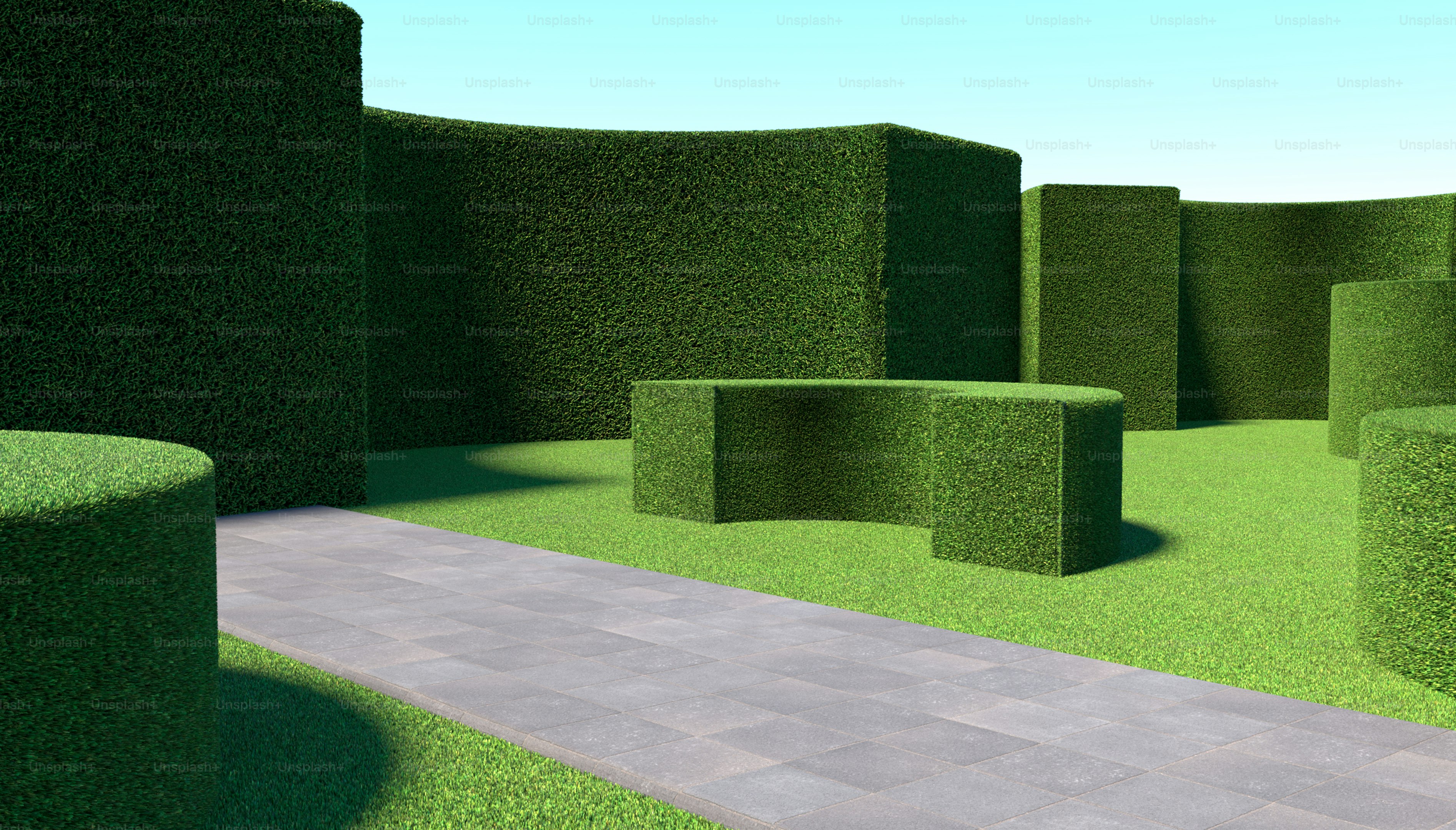 Stone path through manicured garden hedges - Photo on Unsplash+