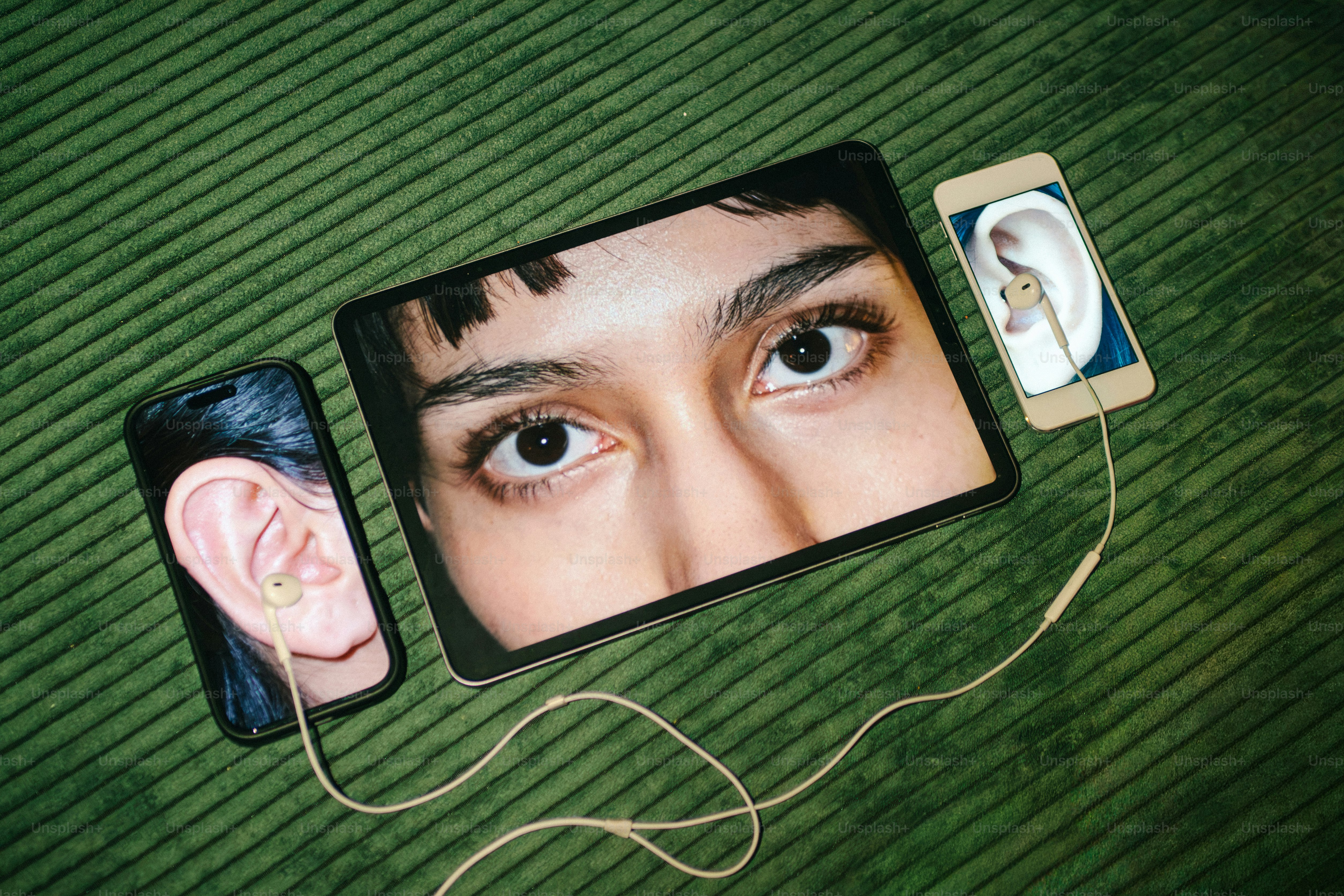 Tablet and smartphones with wired earbuds - Photo on Unsplash+