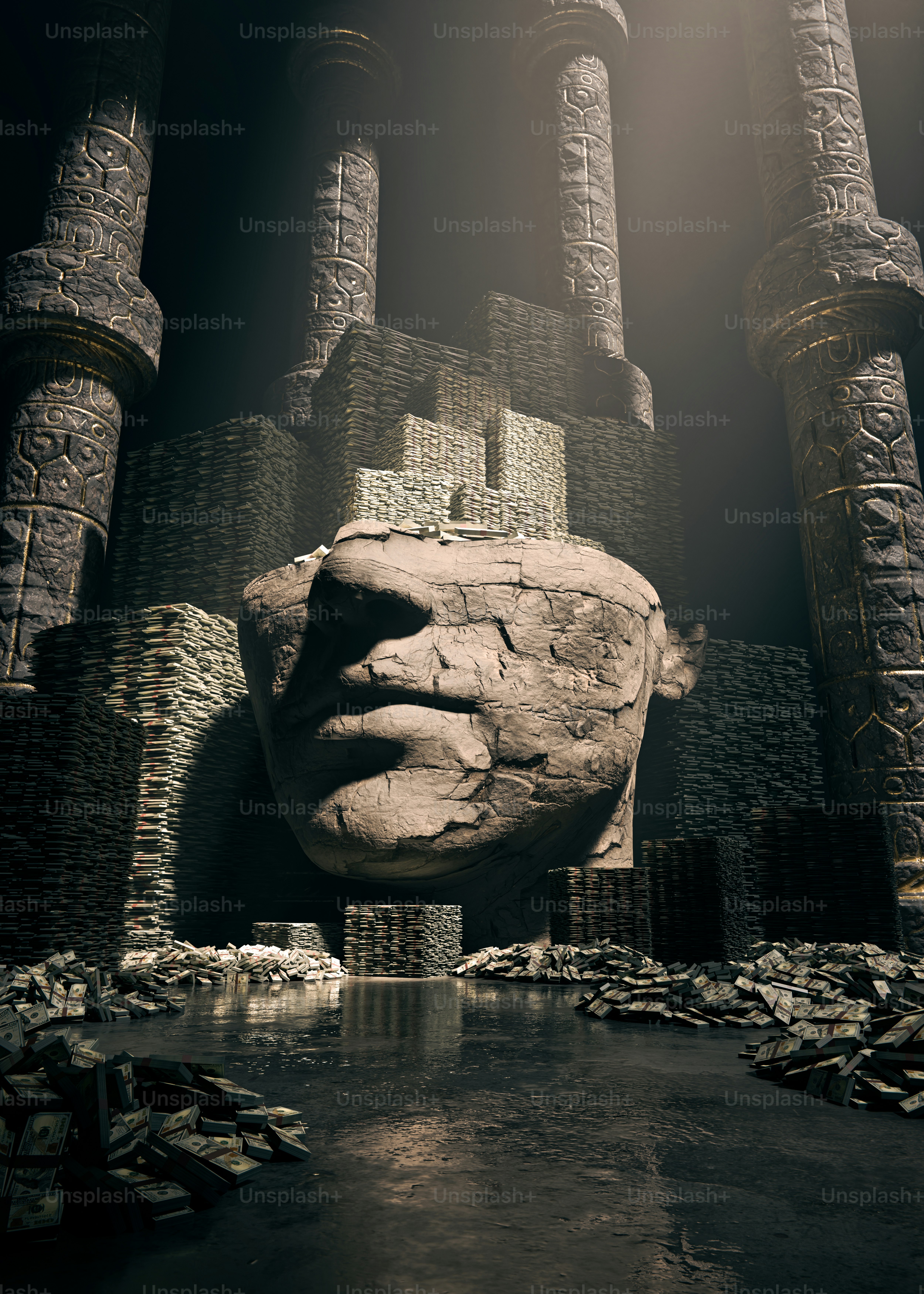 Stone head with stacks of money - Photo on Unsplash+