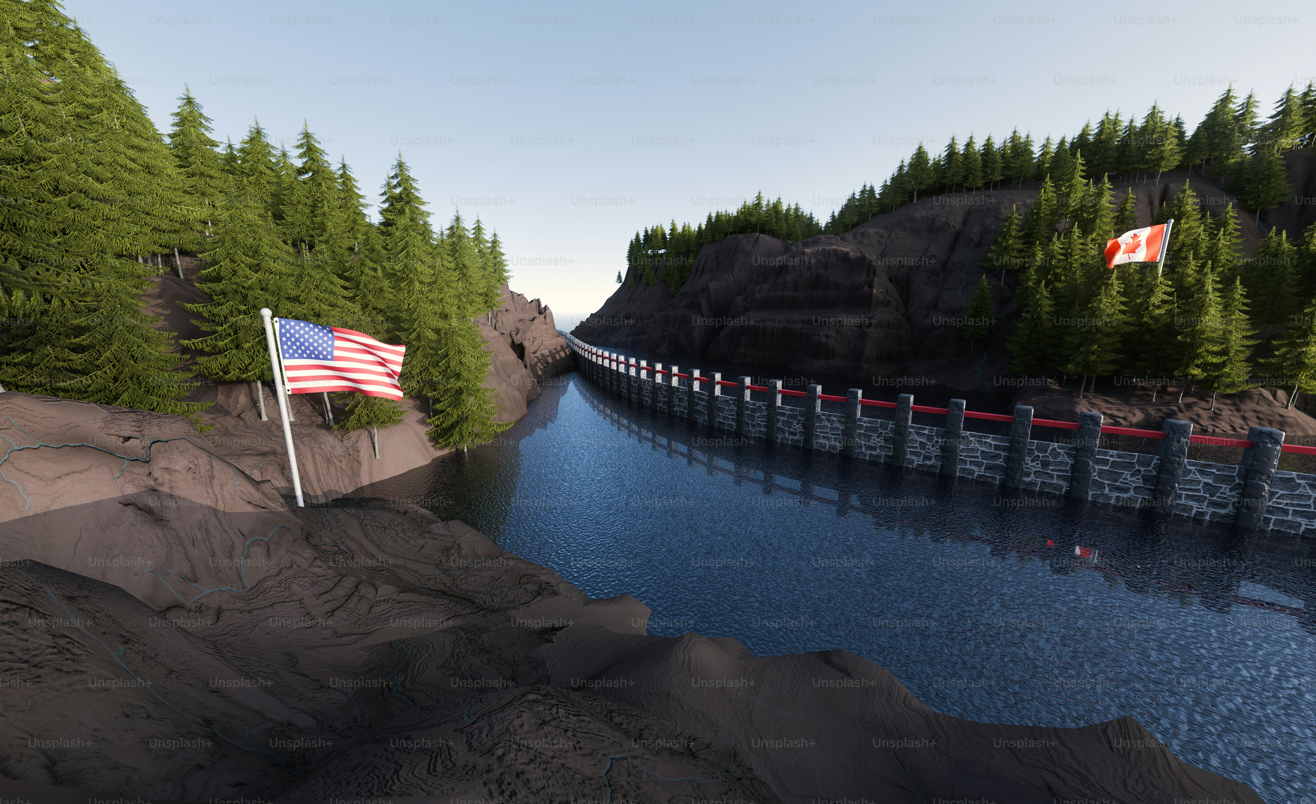 River between rocky hills with flags - Photo on Unsplash+