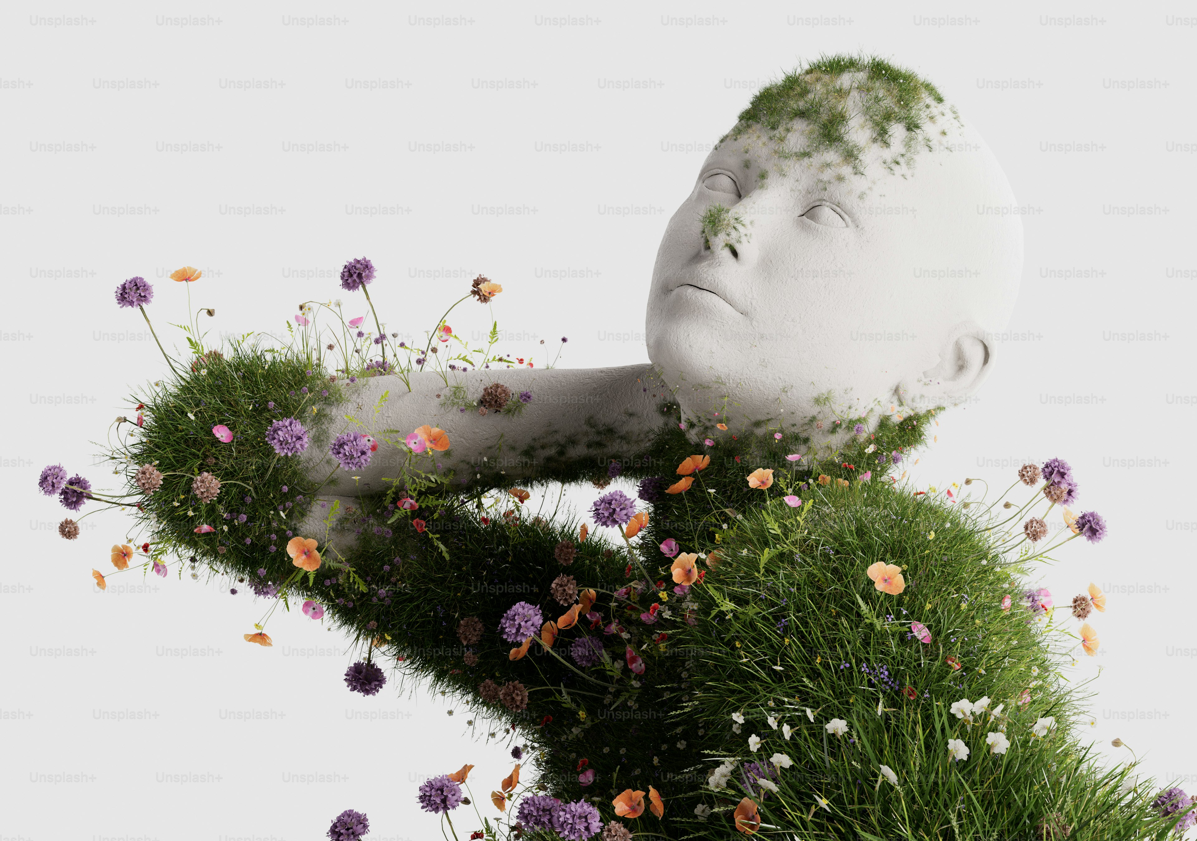 Stone bust covered in wildflowers - Photo on Unsplash+