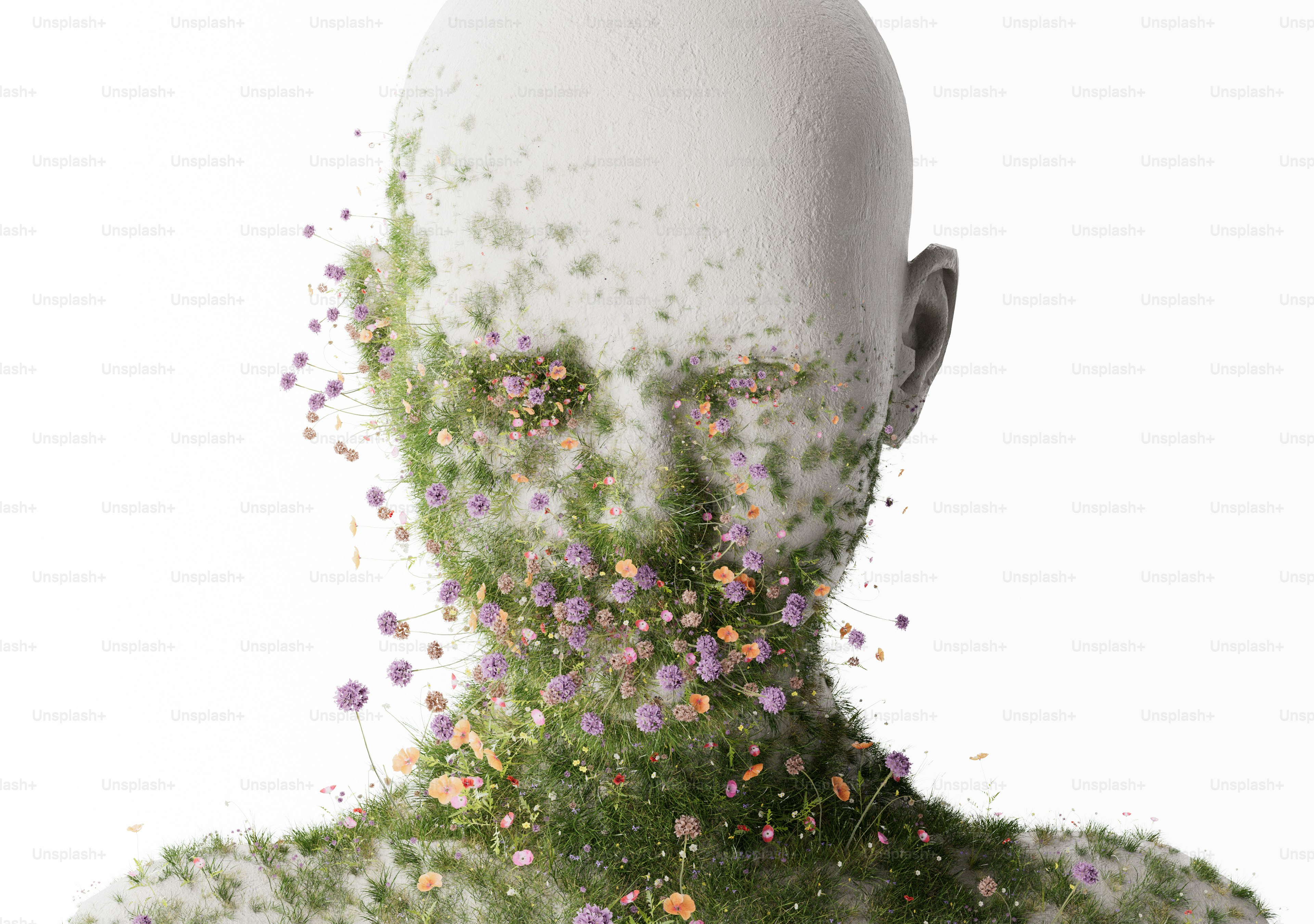 Stone bust covered in wildflowers - Photo on Unsplash+