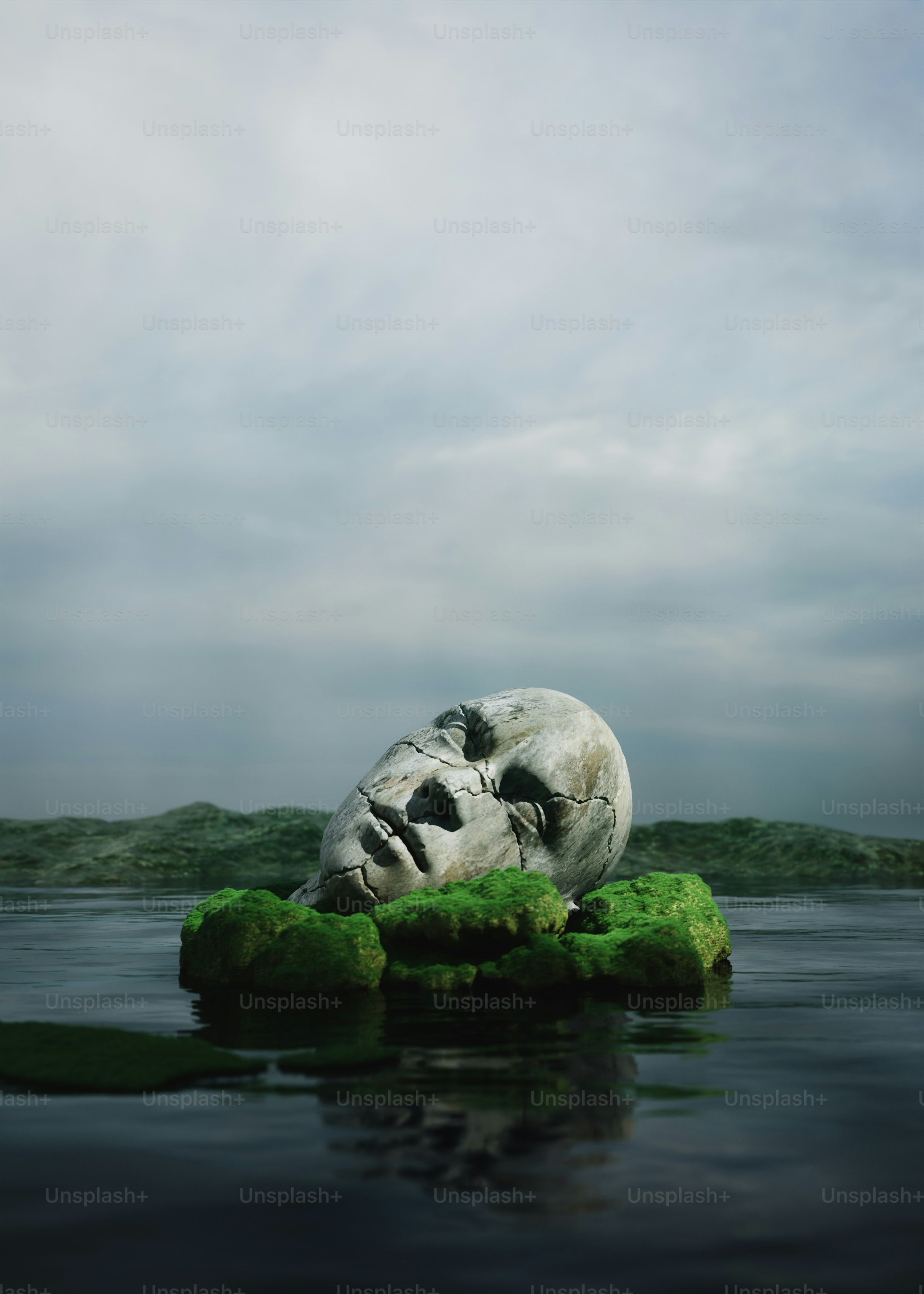 Cracked stone face sculpture on moss - Photo on Unsplash+