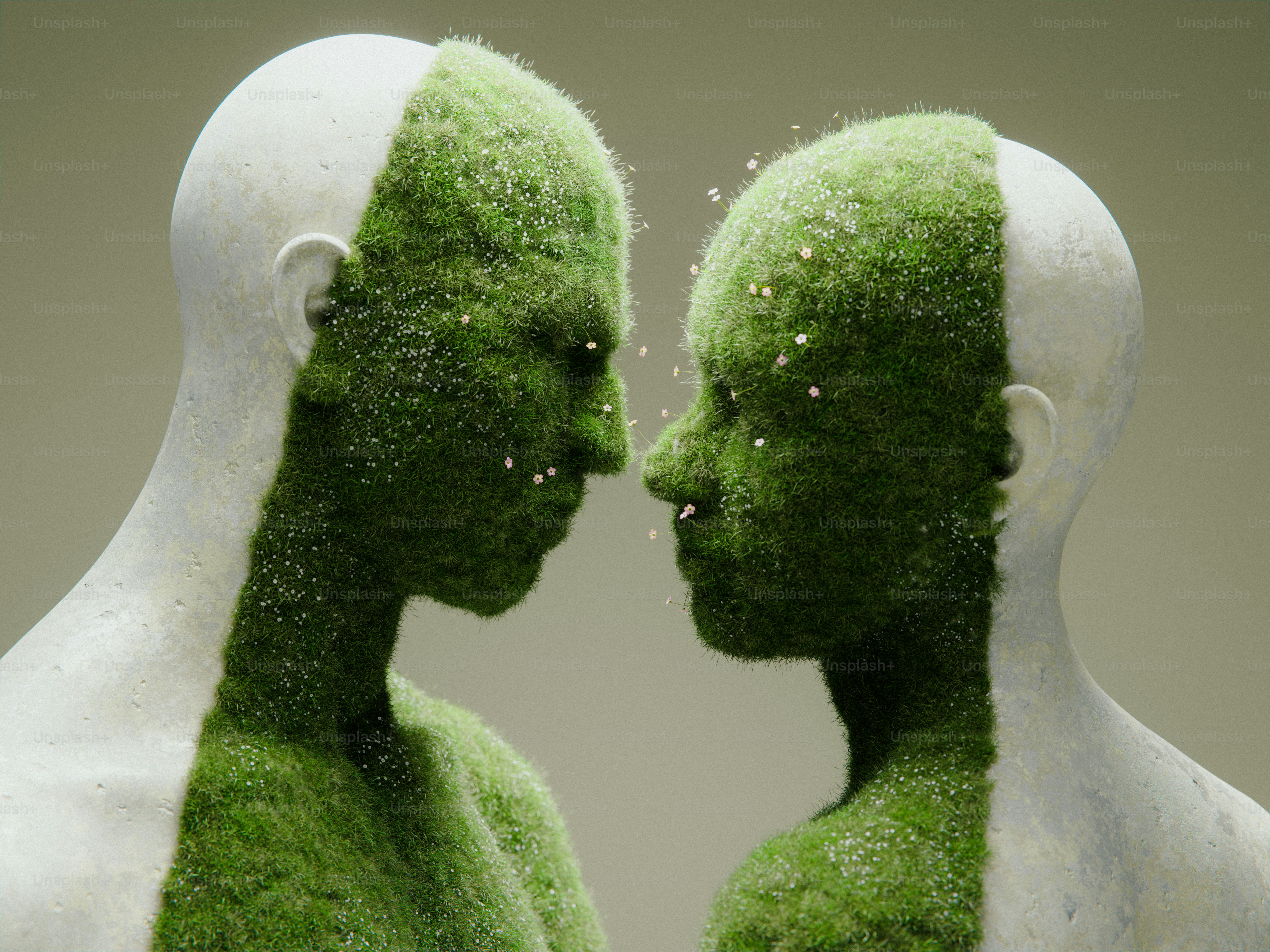 Two mossy human busts facing each other - Photo on Unsplash+