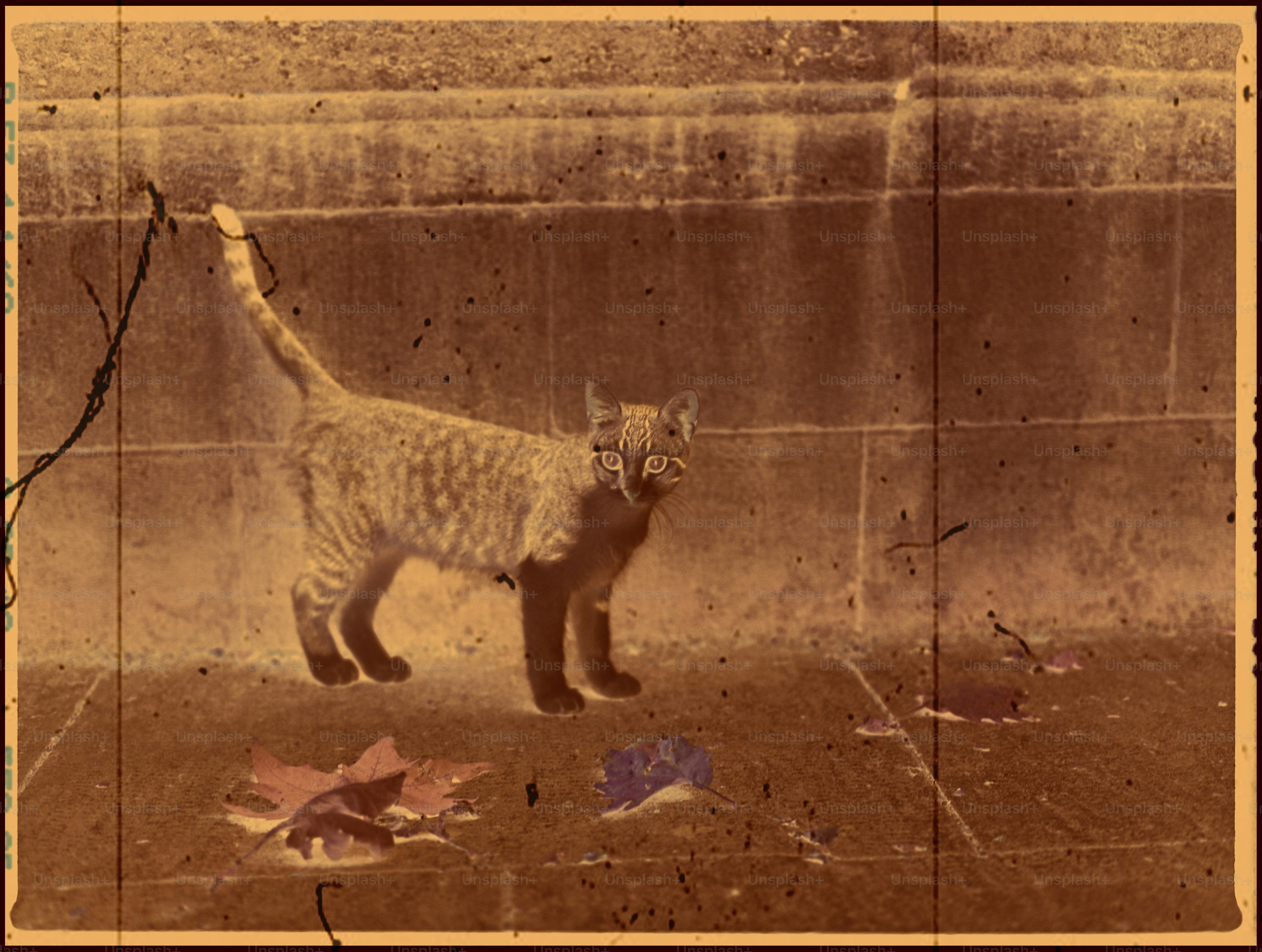 葉のある舗装された地面の猫 - Unsplash+に収録の写真